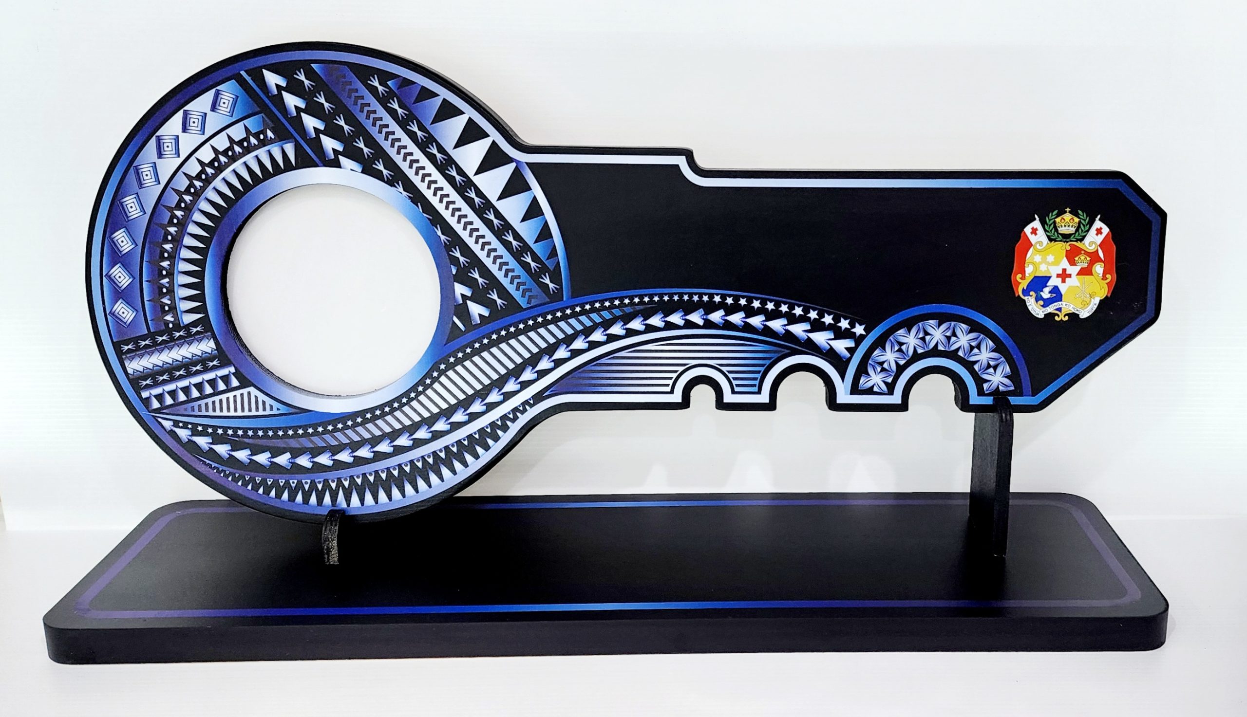 Island Design White & Blue Theme Colour UV Printed Birthday Key with Coloured Tongan Sila with Matching Colour Stand 21st Keys 