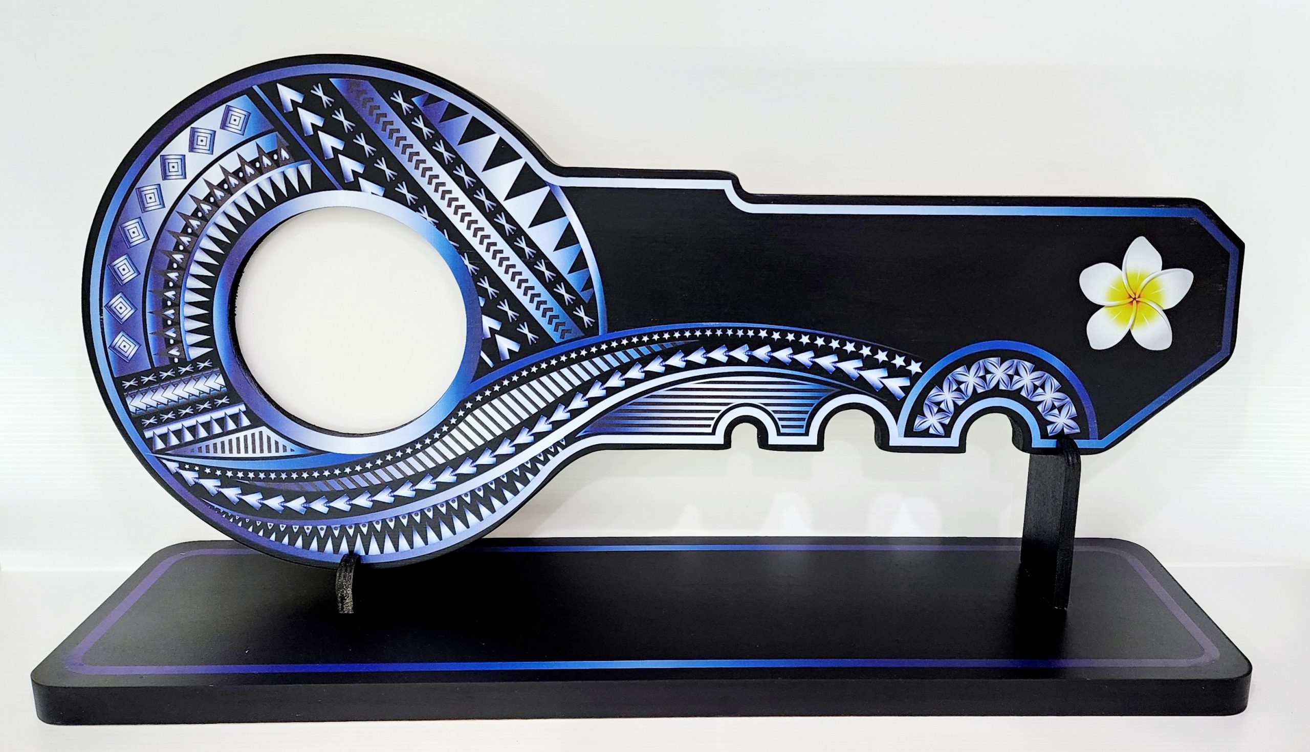 Island Design White & Blue Theme Colour UV Printed Birthday Key with White Frangipani Flower and Matching Colour Stand 21st Keys 