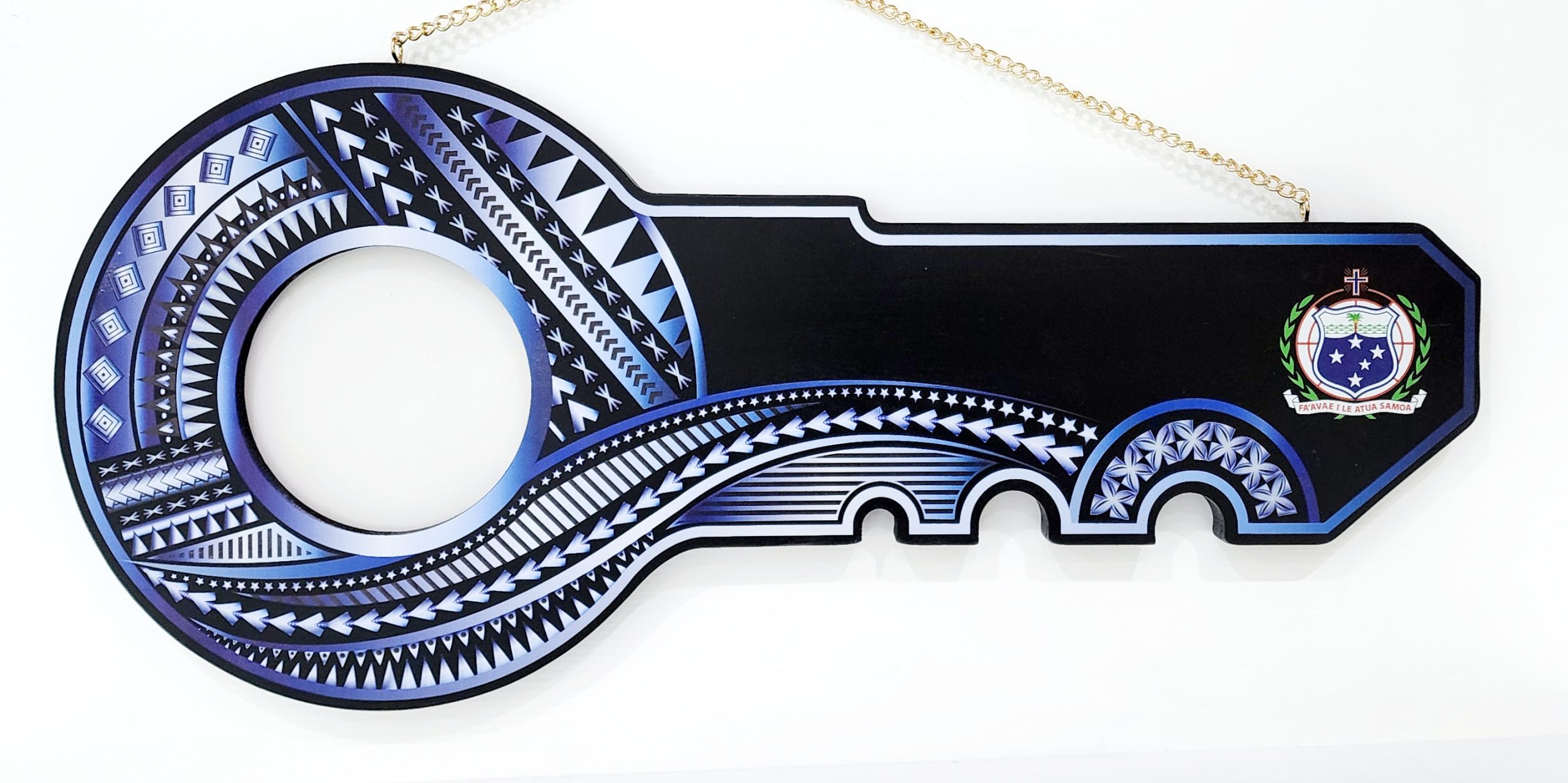 Island Design White & Blue Theme Colour UV Printed Birthday Key with Coloured Samoan Sila 21st Keys Island Design White & Blue Theme Colour UV Printed Birthday Key with Coloured Samoan Sila 21st Keys