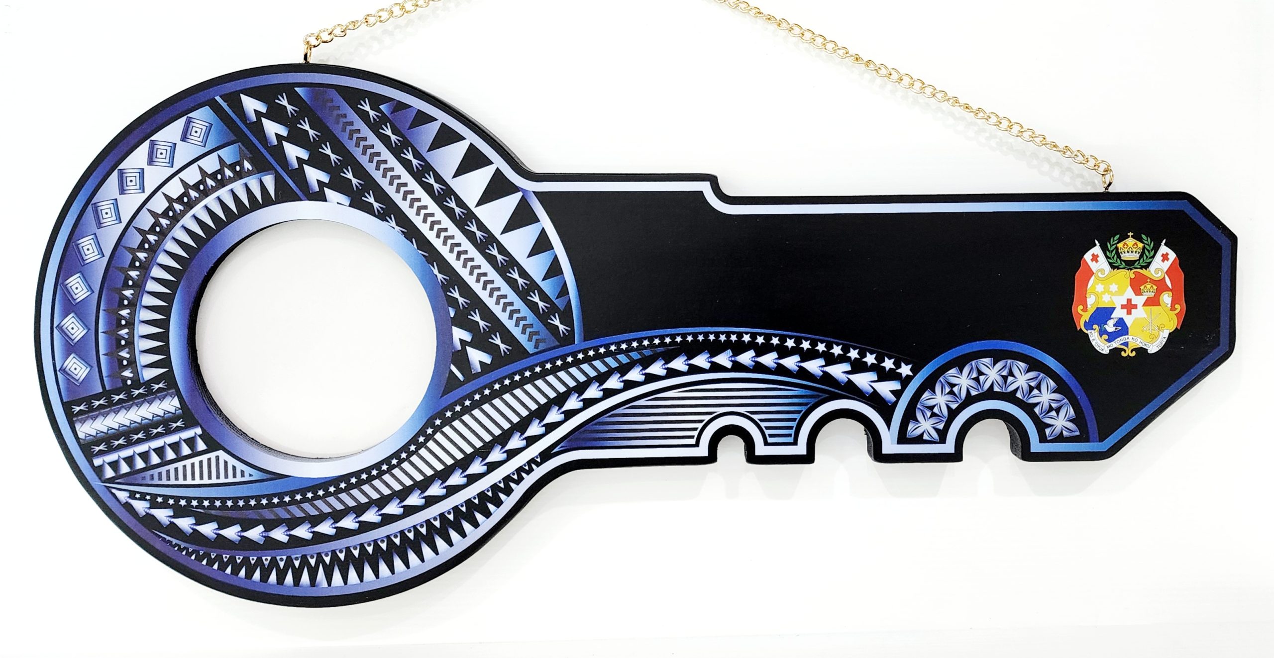 Island Design White & Blue Theme Colour UV Printed Birthday Key with Coloured Tongan Sila 21st Keys 