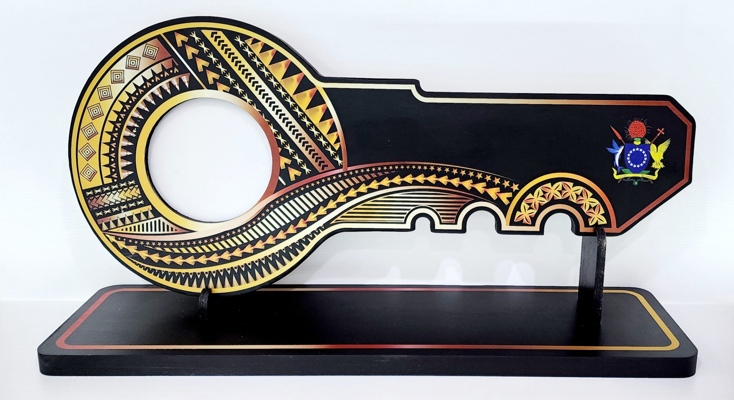 Island Design Golden Red Theme Colour UV Printed Birthday Key with Coat of Arms of Cook Island and Matching Colour Stand 21st Keys Island Design Golden Red Theme Colour UV Printed Birthday Key with Coat of Arms of Cook Island and Matching Colour Stand 21st Keys