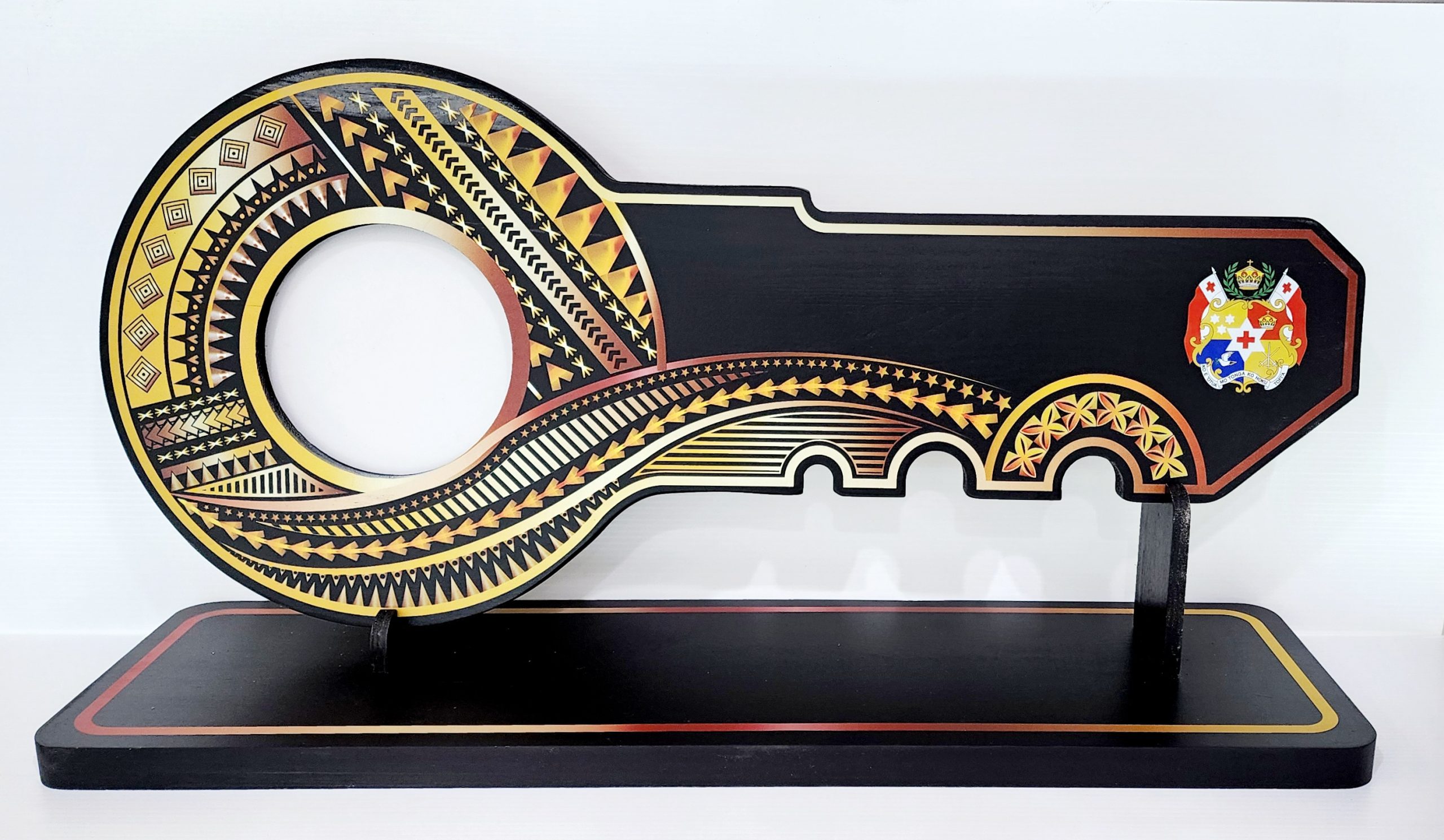 Island Design Golden Red Theme Colour UV Printed Birthday Key with Coloured Tongan Sila and Matching Colour Stand 21st Keys Island Design Golden Red Theme Colour UV Printed Birthday Key with Coloured Tongan Sila and Matching Colour Stand 21st Keys