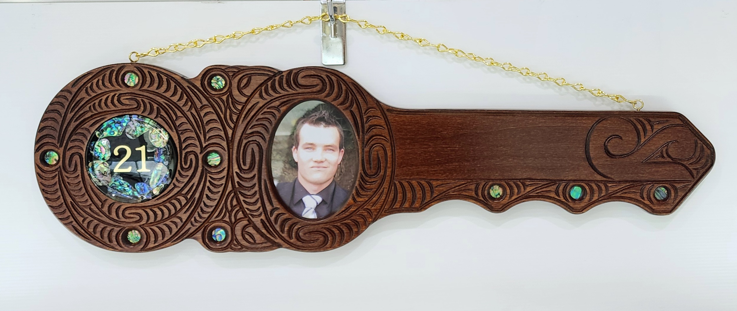 Maori Design Hand Carved 21st Wooden Key with "21" Paua Shell Disk Insert 21st Keys 