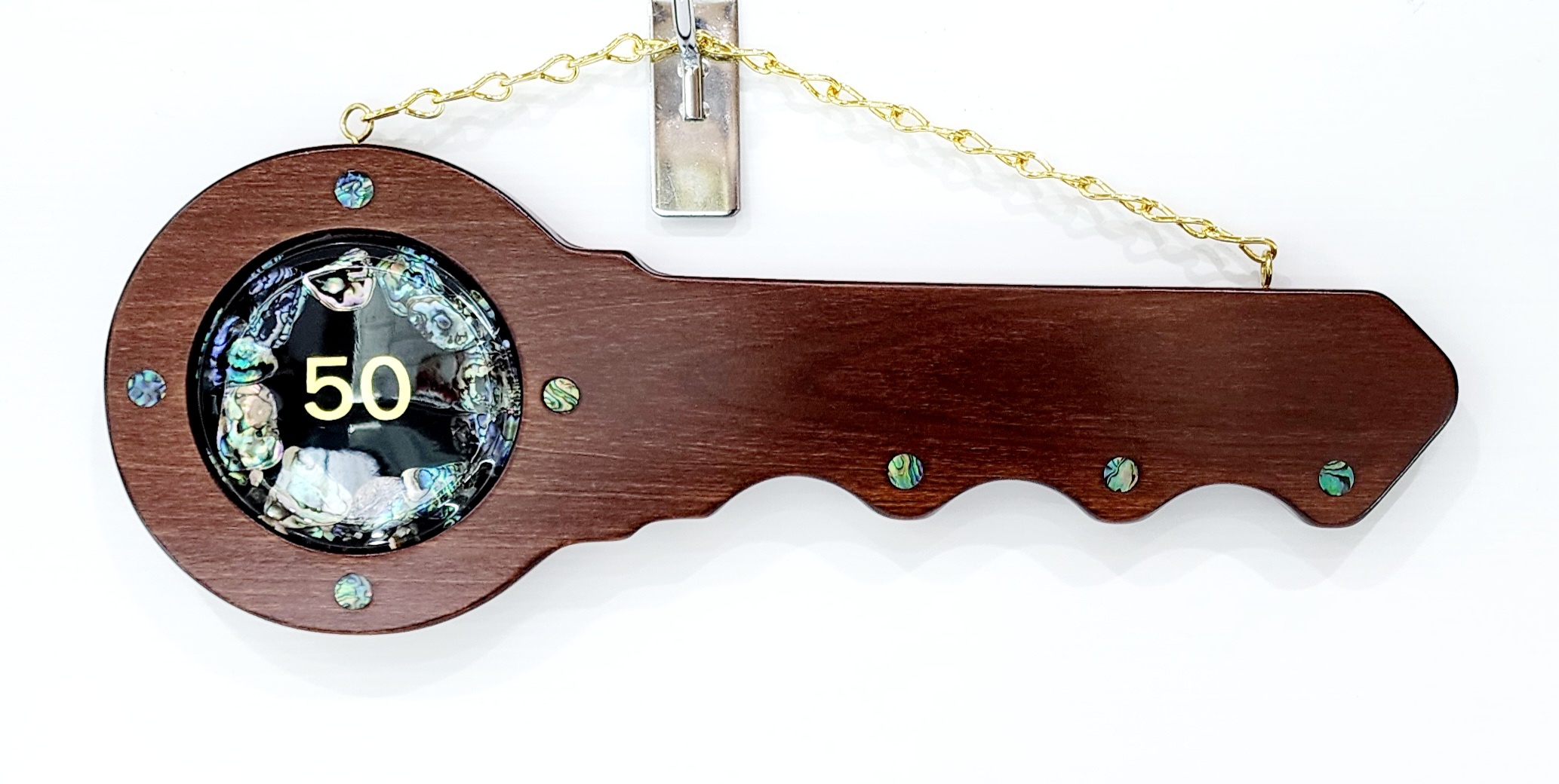 50th Wooden Key with "50" Paua Shell Disk Insert 21st Keys 