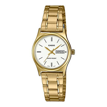 Casio Ladies Analogue Watch Day/Date WR Gold Tone White Dial - LTP-V006G-7B CASIO