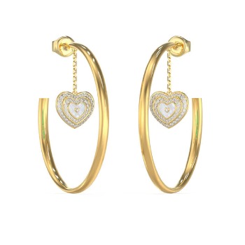 Guess Gold Tone 50mm Mother of Pearl & Crystals Amami Heart Hoop Stud Earrings GUESS JEWELLERY 