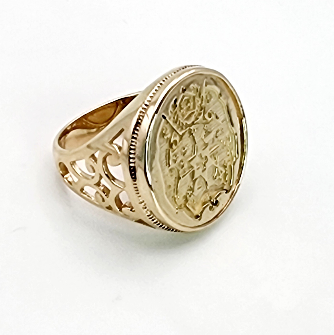 9ct Yellow Gold Tongan Sila Coin Ring with Filigree Ring Mount Gold Rings, Men's Gold Rings 