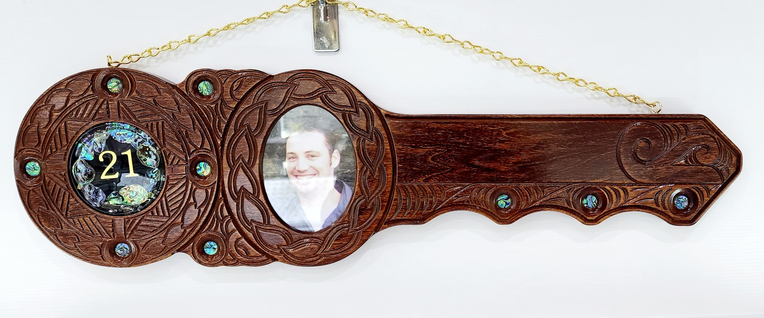 Maori / Island Mixed Design Hand Carved 21st Wooden Key with "21" Paua Shell Disk Insert 21st Keys 