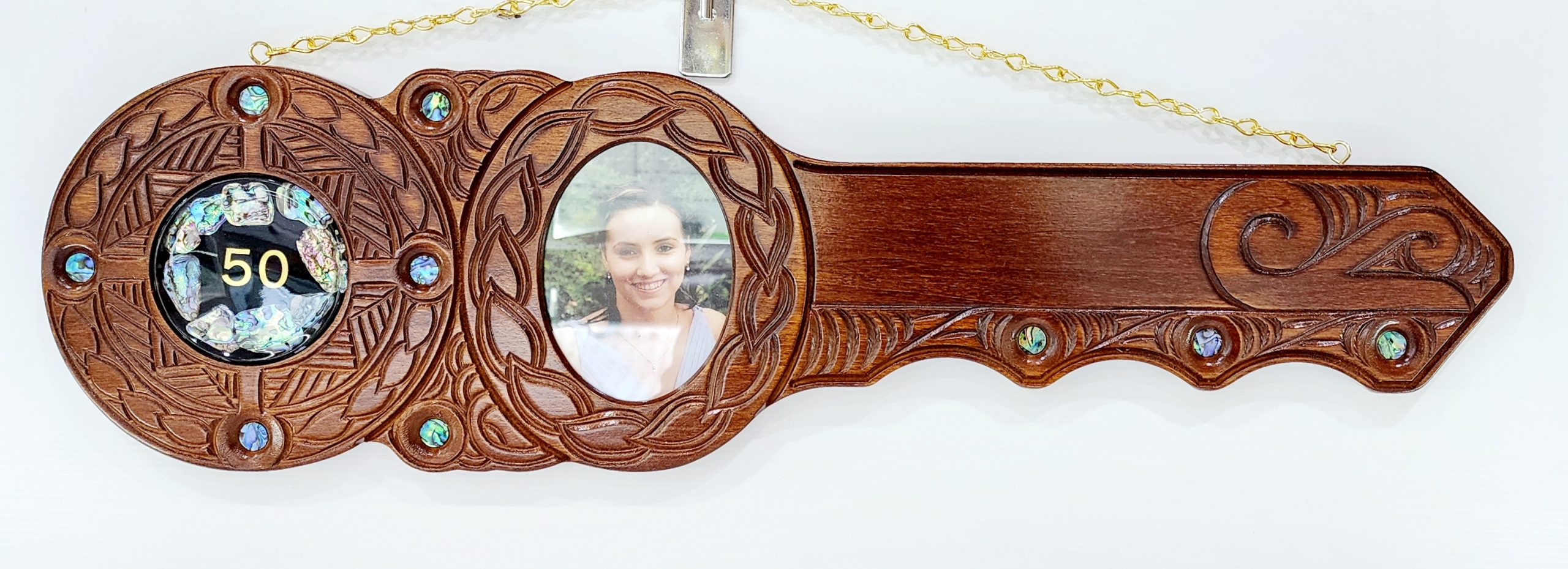 Maori / Island Mixed Design Hand Carved 50th Wooden Key with "50" Paua Shell Disk Insert 21st Keys 