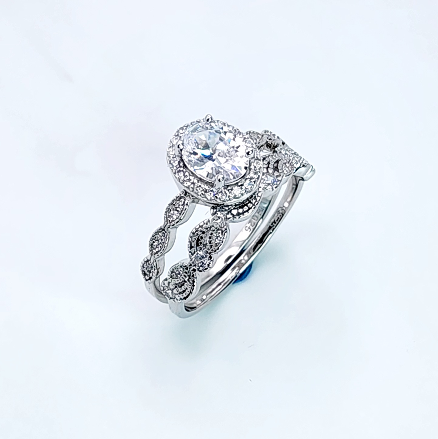 Sterling Silver Oval Shaped Halo 2 Piece Cubic Zirconia Bridal Set Sterling Silver Rings 