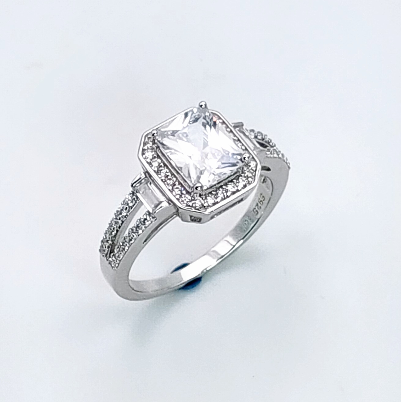 Sterling Silver  Radiant Cut Halo Split Shank Cubic Zirconia Engagement/Dress Ring Sterling Silver Rings 