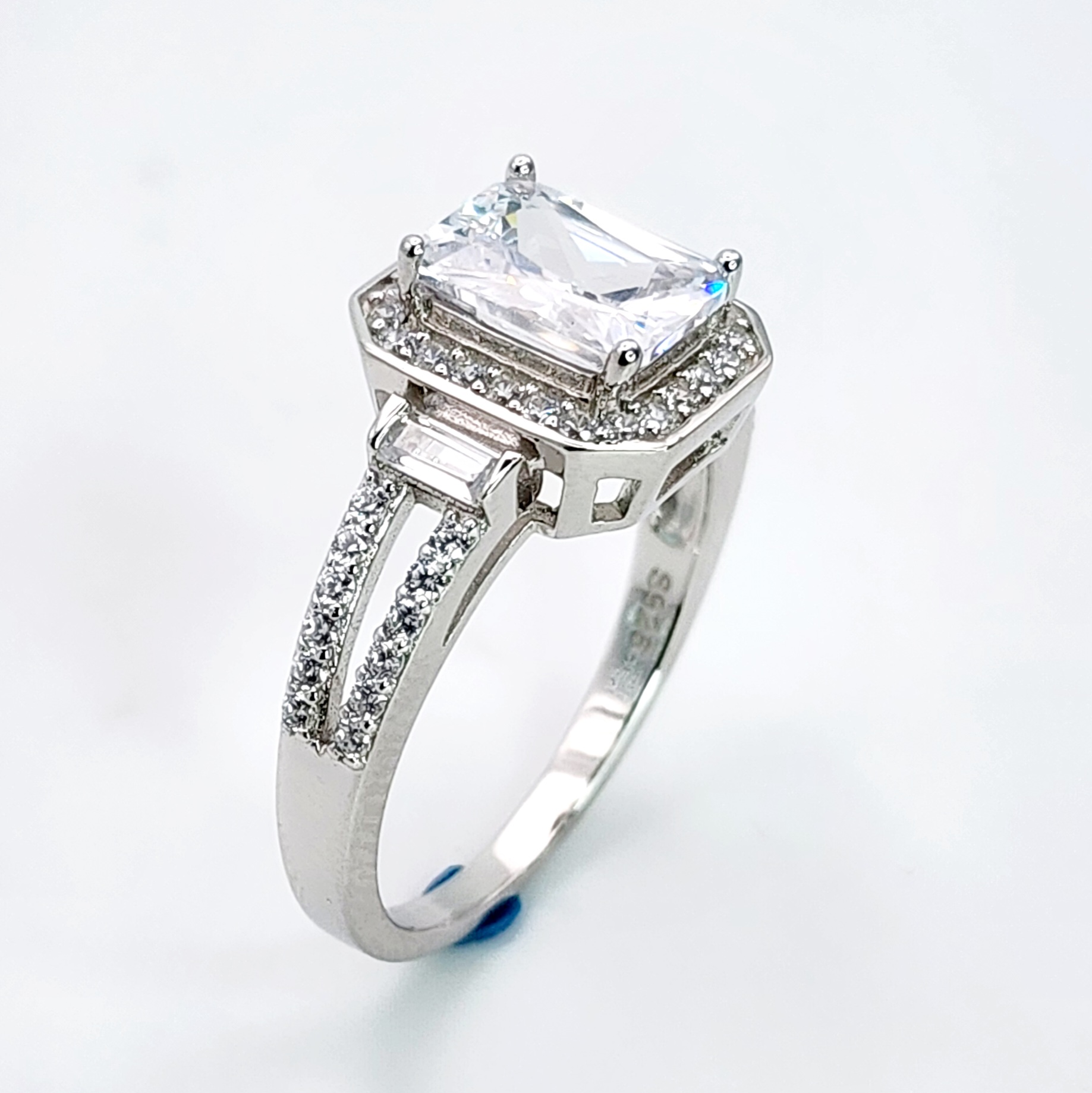 Sterling Silver Radiant Cut Halo Split Shank Cubic Zirconia Engagement/Dress Ring Sterling Silver Rings Sterling Silver Radiant Cut Halo Split Shank Cubic Zirconia Engagement/Dress Ring Sterling Silver Rings