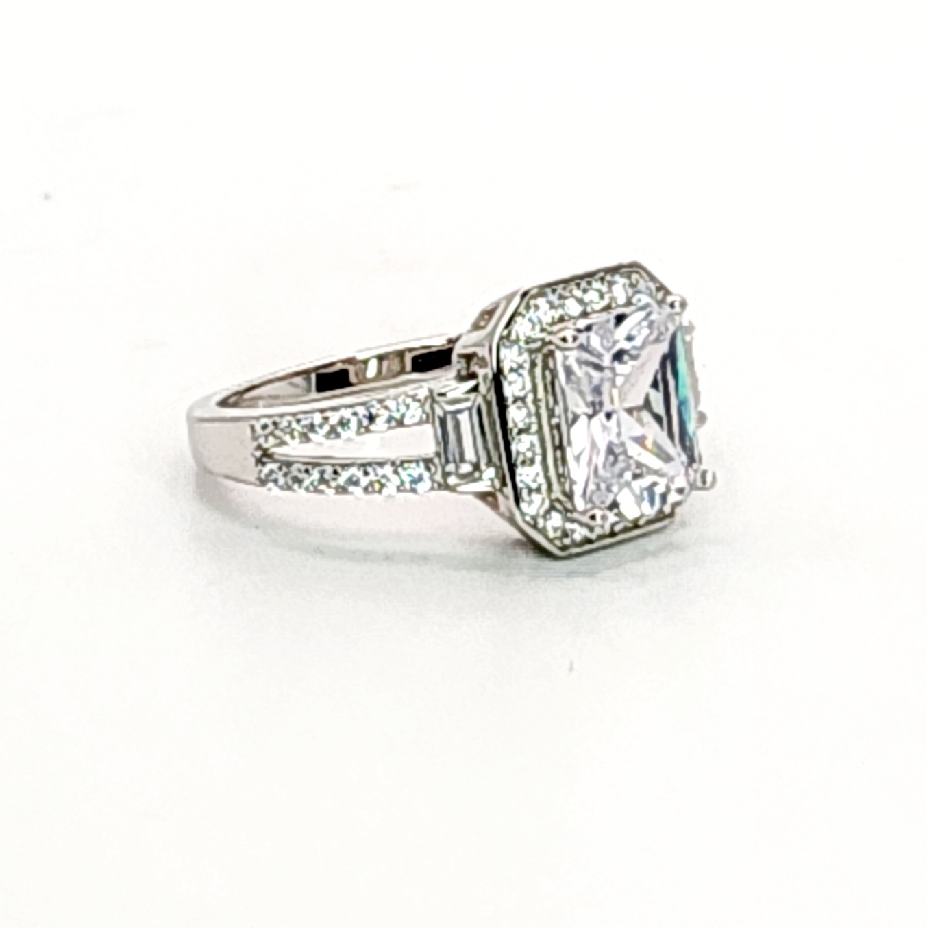 Sterling Silver Radiant Cut Halo Split Shank Cubic Zirconia Engagement/Dress Ring Sterling Silver Rings Sterling Silver Radiant Cut Halo Split Shank Cubic Zirconia Engagement/Dress Ring Sterling Silver Rings