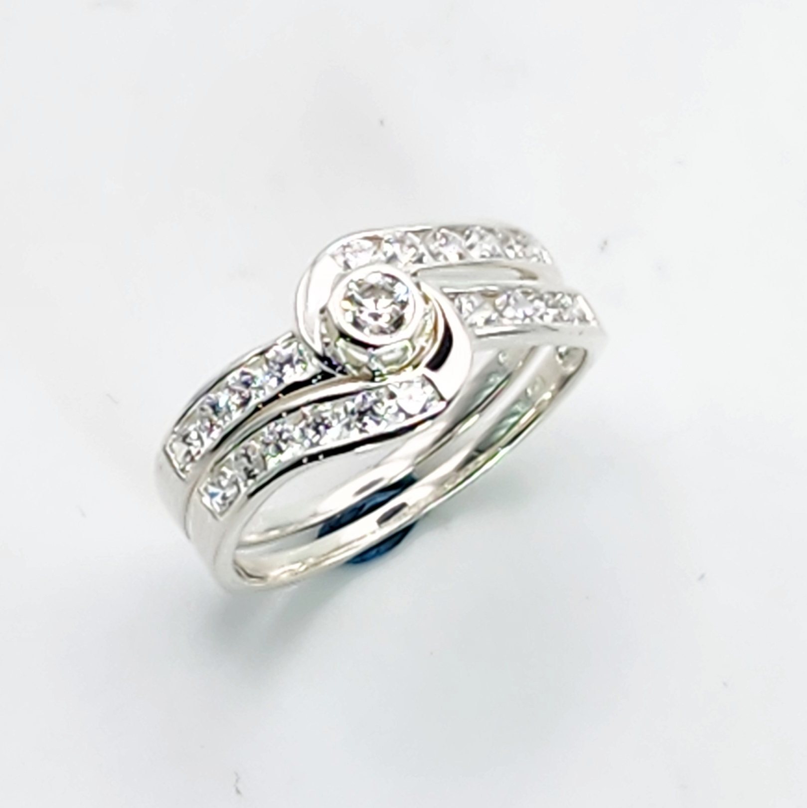 Sterling Silver 2 Piece Engagement Wedding Ring Set Channel / Rubover Setting Sterling Silver Rings 