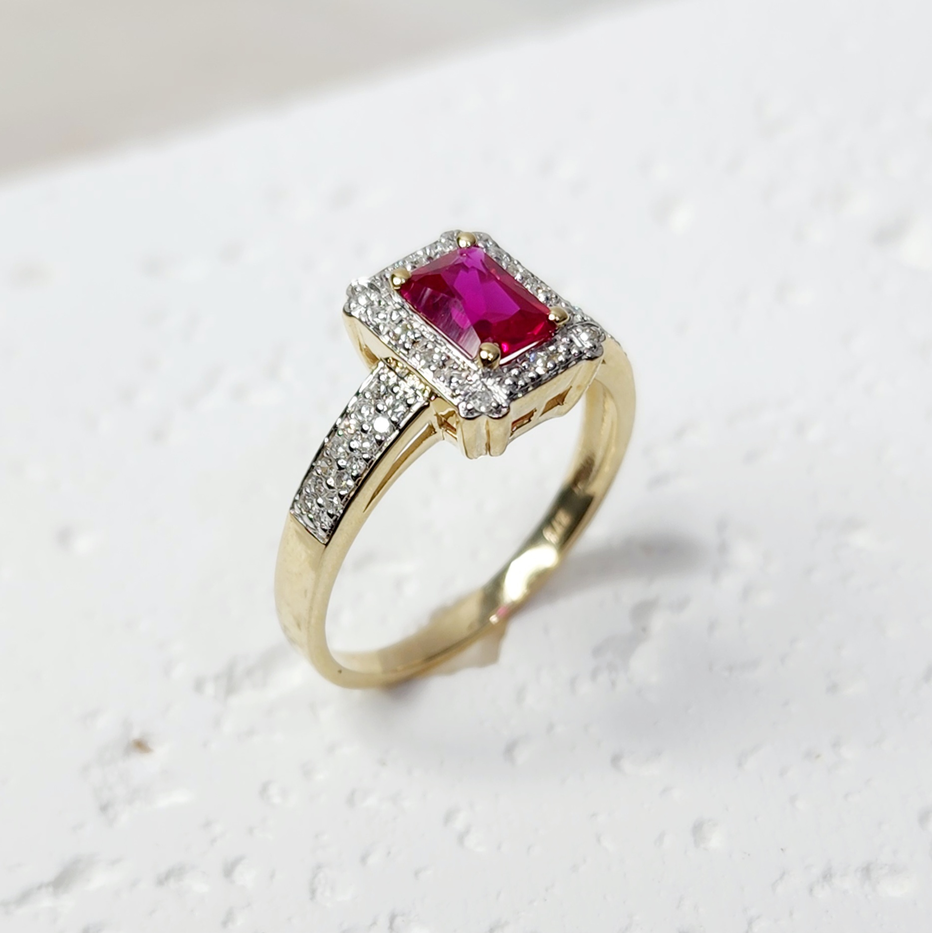 9ct Yellow Gold Dress Ring with Emerald Cut Created Ruby Center Stone and Diamond Halo Setting Gold Rings 