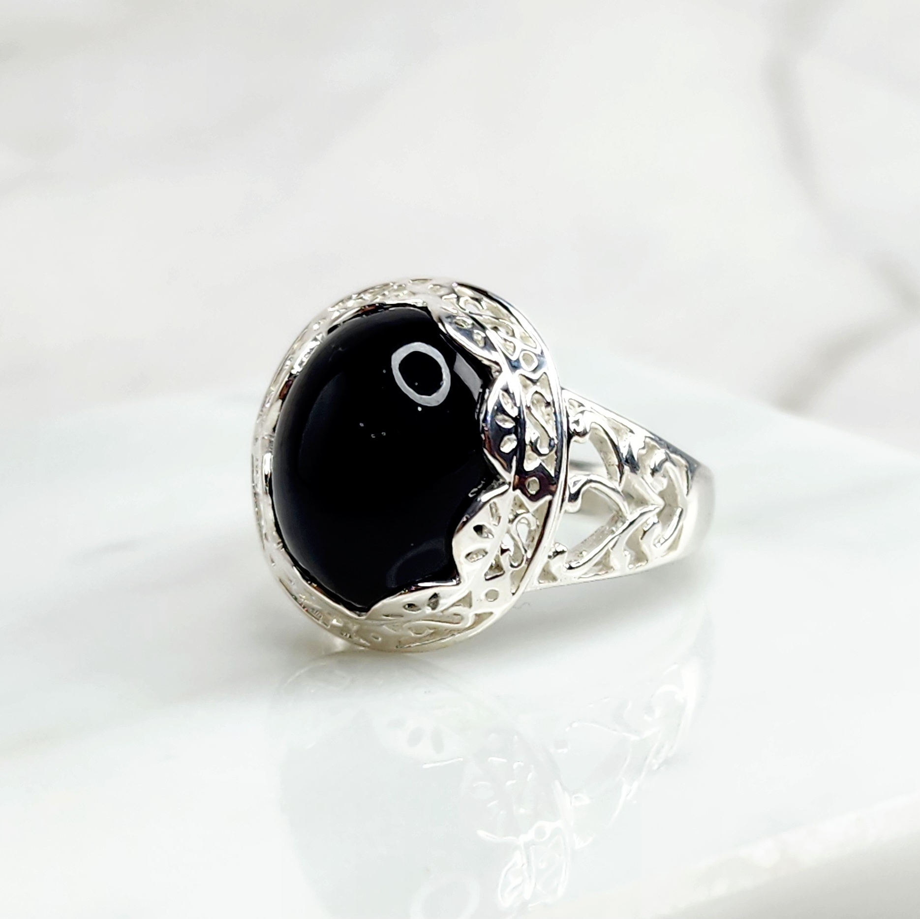 Sterling Silver Filigree Design Ring with Oval Black ONYX Sterling Silver Rings 