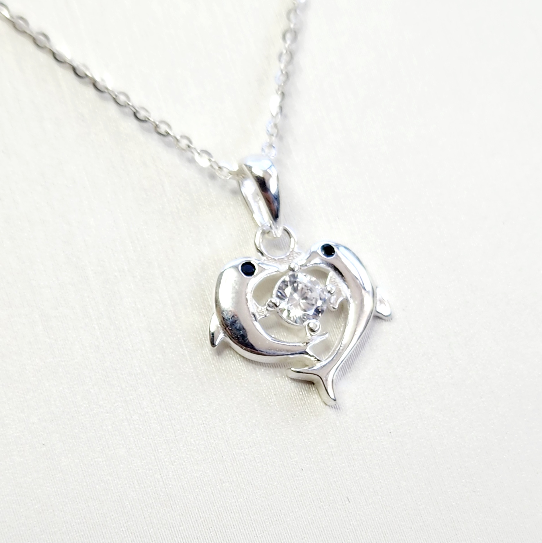 Sterling Silver Two Dolphins Pendant with CZ Setting and Sterling Silver Chain Sterling Silver Pendants 