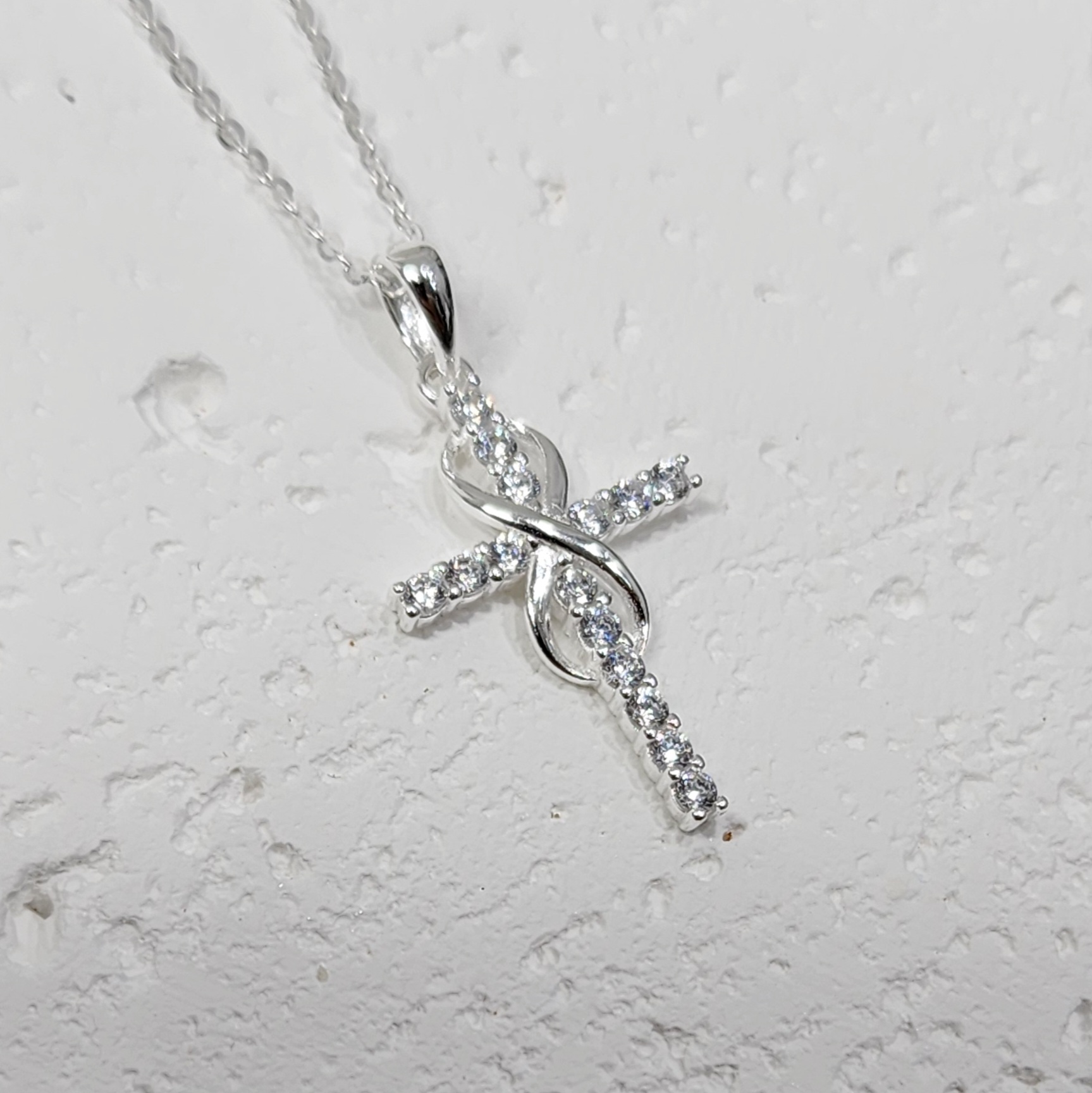 Sterling Silver Cubic Zirconia Set Cross Pendant with Infinity and Sterling Silver Chain Sterling Silver Pendants 