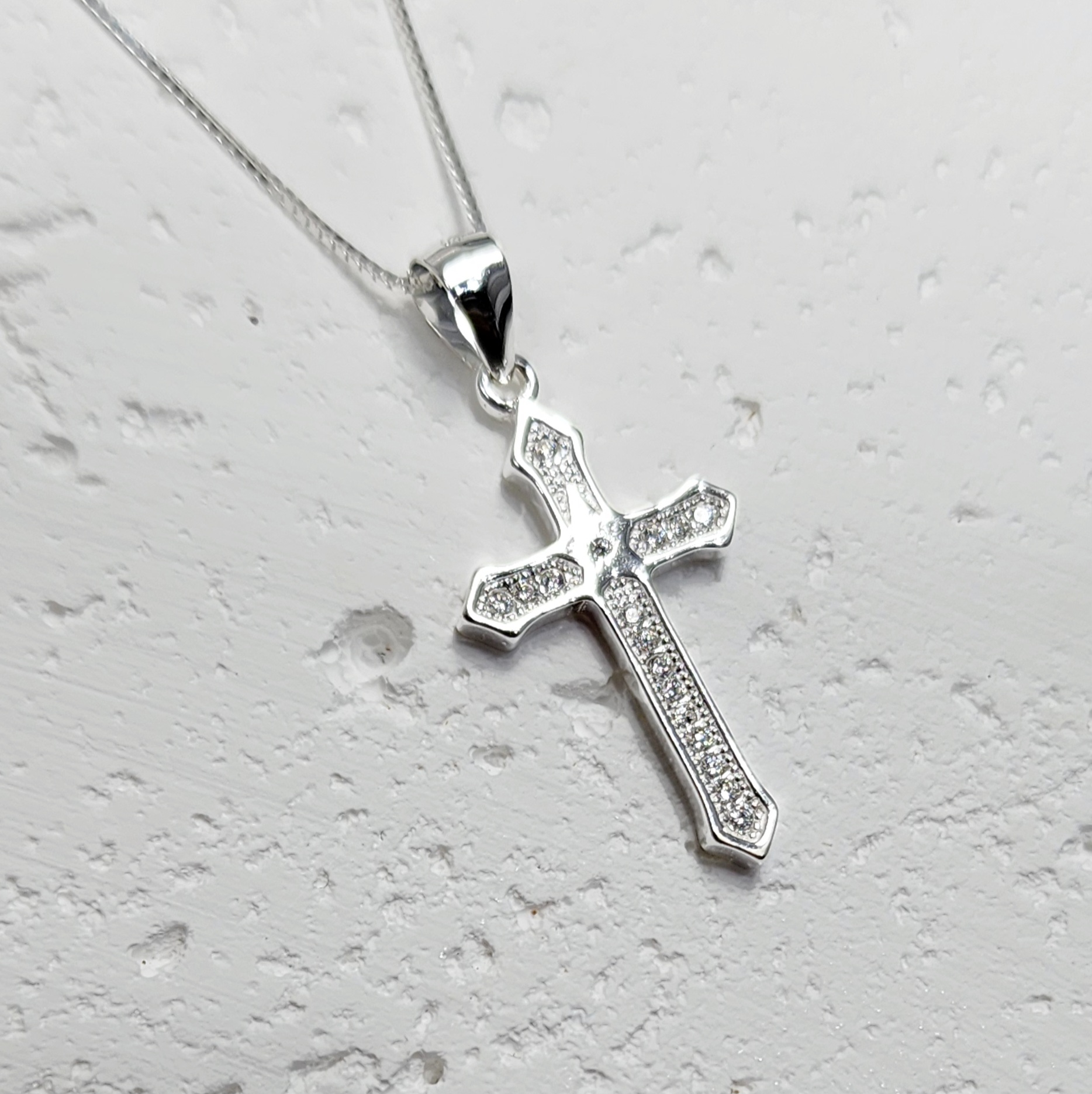 Sterling Silver Cross Pendant with Micro Pave CZ Stone and Sterling Silver Chain Sterling Silver Pendants 