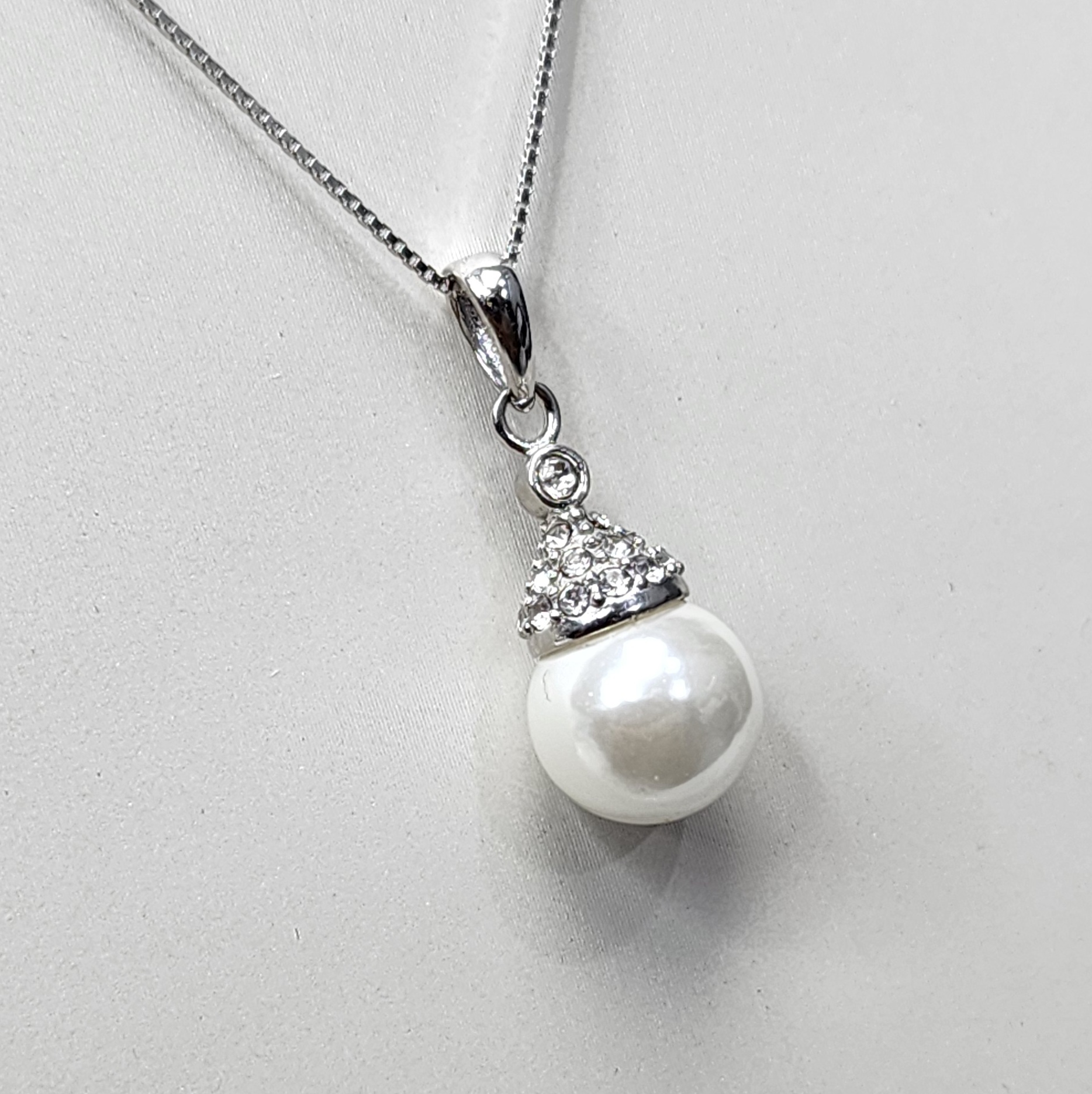 Sterling Silver CZ Pendant with 9mm Round White Freshwater Pearl and Sterling Silver Chain Sterling Silver Pendants 