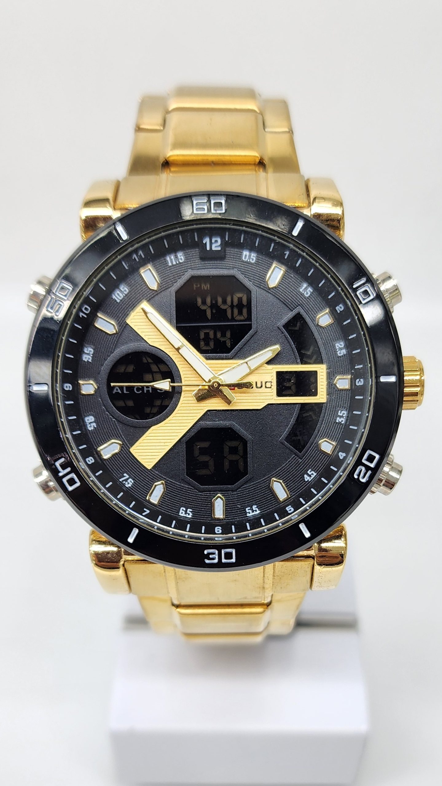 Stylish Dual Time Mens Analog/Digital Metal Strap, Multifunction LED Analog Gold Tone Band, Black Dial Quartz Watch Dress Watches 