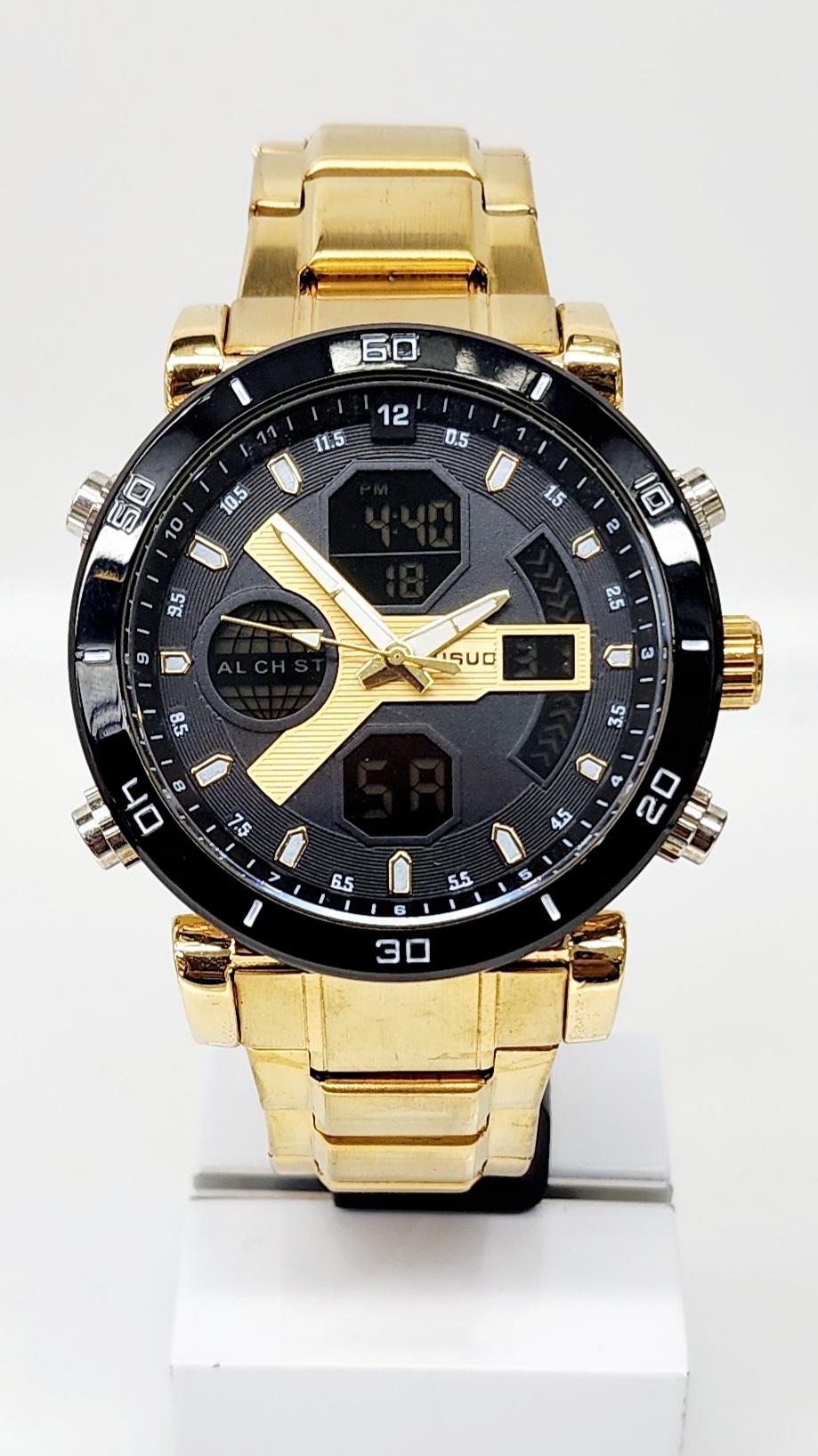 Stylish Dual Time Mens Analog/Digital Metal Strap, Multifunction LED Analog Gold Tone Band, Black Dial Quartz Watch Dress Watches Stylish Dual Time Mens Analog/Digital Metal Strap, Multifunction LED Analog Gold Tone Band, Black Dial Quartz Watch Dress Watches