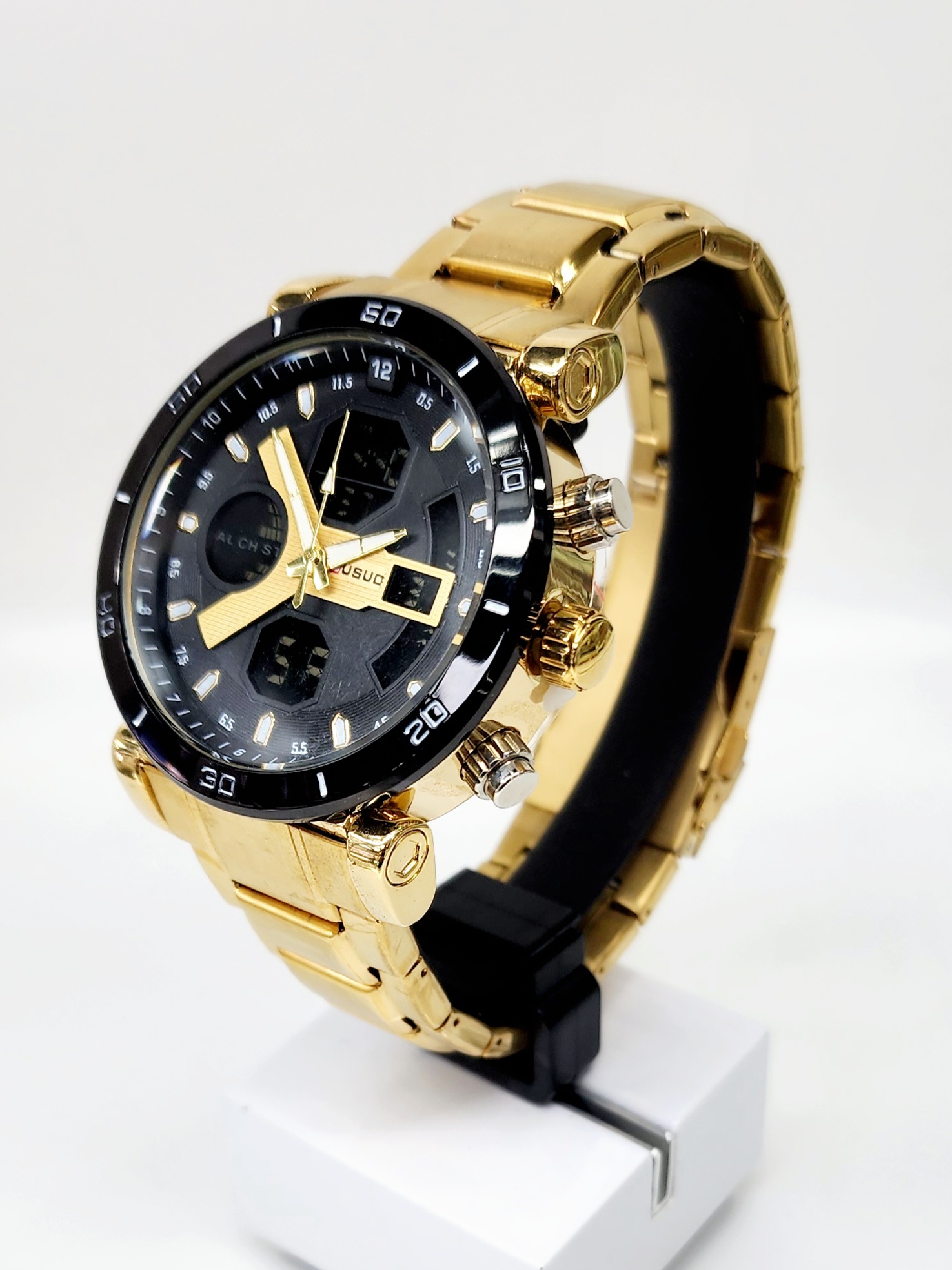 Stylish Dual Time Mens Analog/Digital Metal Strap, Multifunction LED Analog Gold Tone Band, Black Dial Quartz Watch Dress Watches Stylish Dual Time Mens Analog/Digital Metal Strap, Multifunction LED Analog Gold Tone Band, Black Dial Quartz Watch Dress Watches