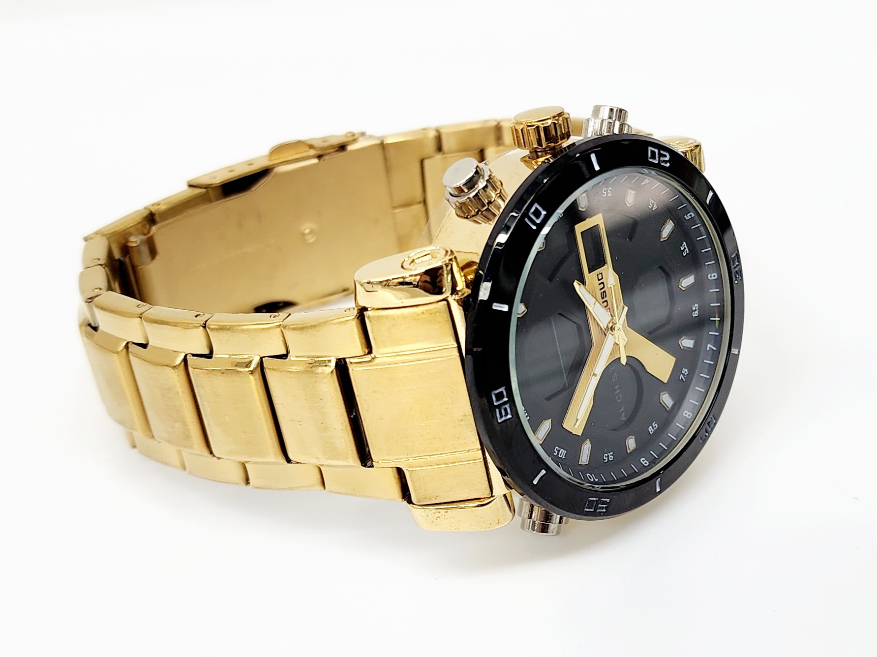 Stylish Dual Time Mens Analog/Digital Metal Strap, Multifunction LED Analog Gold Tone Band, Black Dial Quartz Watch Dress Watches Stylish Dual Time Mens Analog/Digital Metal Strap, Multifunction LED Analog Gold Tone Band, Black Dial Quartz Watch Dress Watches