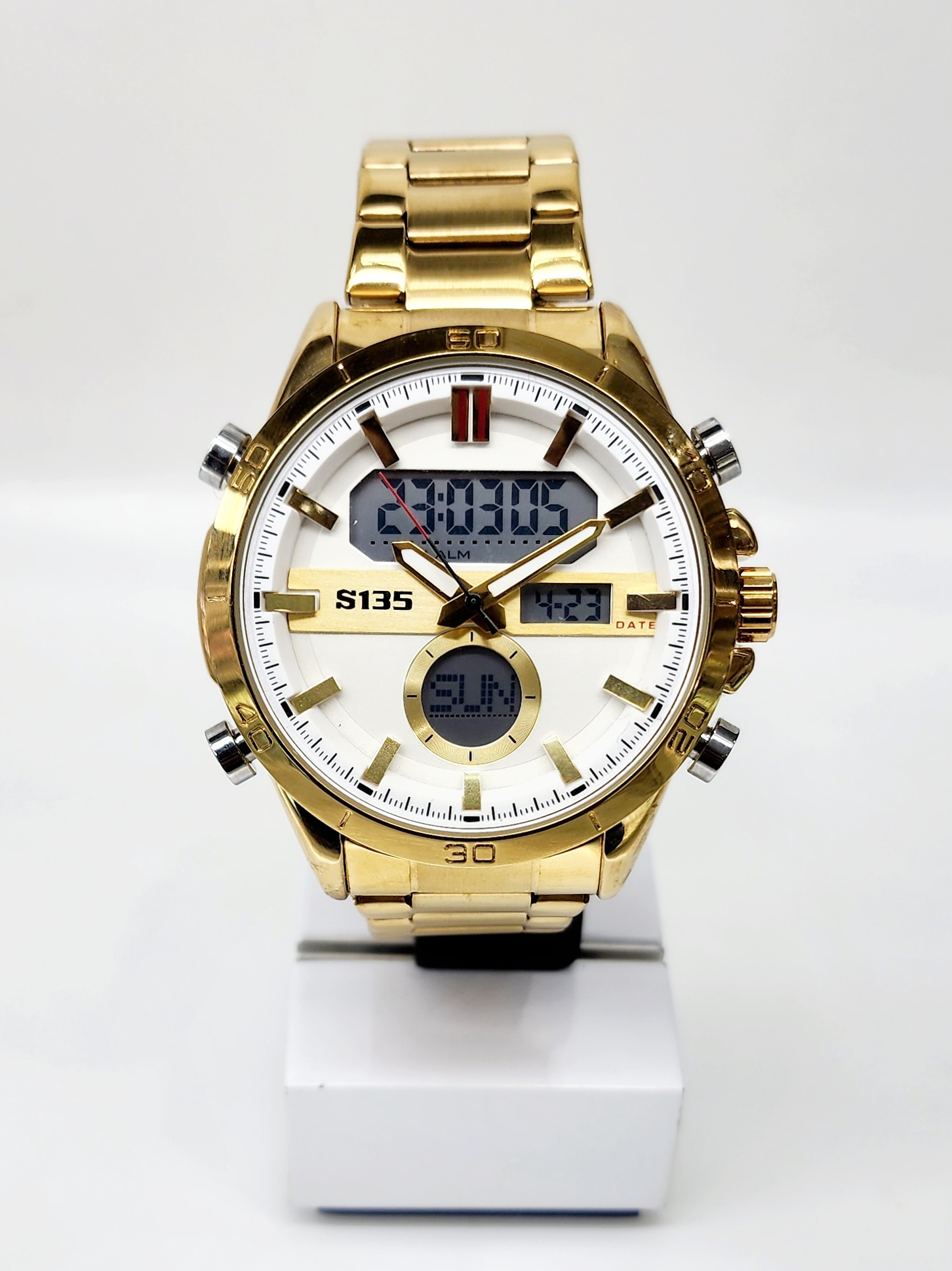 Stylish Dual Time Mens Analog/Digital Metal Strap, Multifunction LED Analog Gold Tone Band, White Dial Quartz Watch Dress Watches 