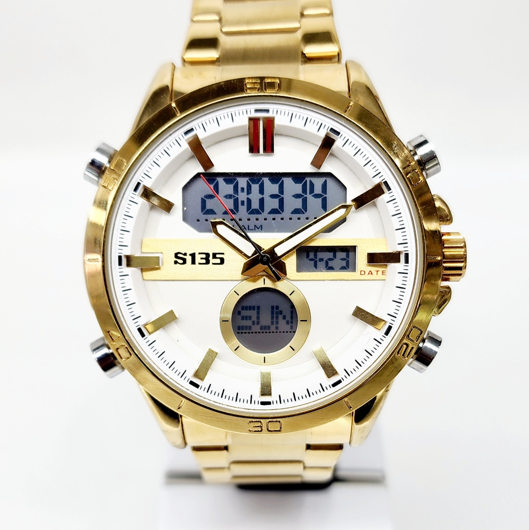 Stylish Dual Time Mens Analog/Digital Metal Strap, Multifunction LED Analog Gold Tone Band, White Dial Quartz Watch Dress Watches Stylish Dual Time Mens Analog/Digital Metal Strap, Multifunction LED Analog Gold Tone Band, White Dial Quartz Watch Dress Watches