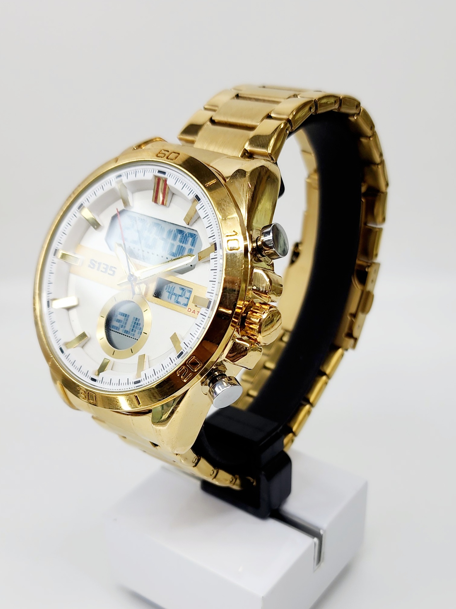 Stylish Dual Time Mens Analog/Digital Metal Strap, Multifunction LED Analog Gold Tone Band, White Dial Quartz Watch Dress Watches Stylish Dual Time Mens Analog/Digital Metal Strap, Multifunction LED Analog Gold Tone Band, White Dial Quartz Watch Dress Watches