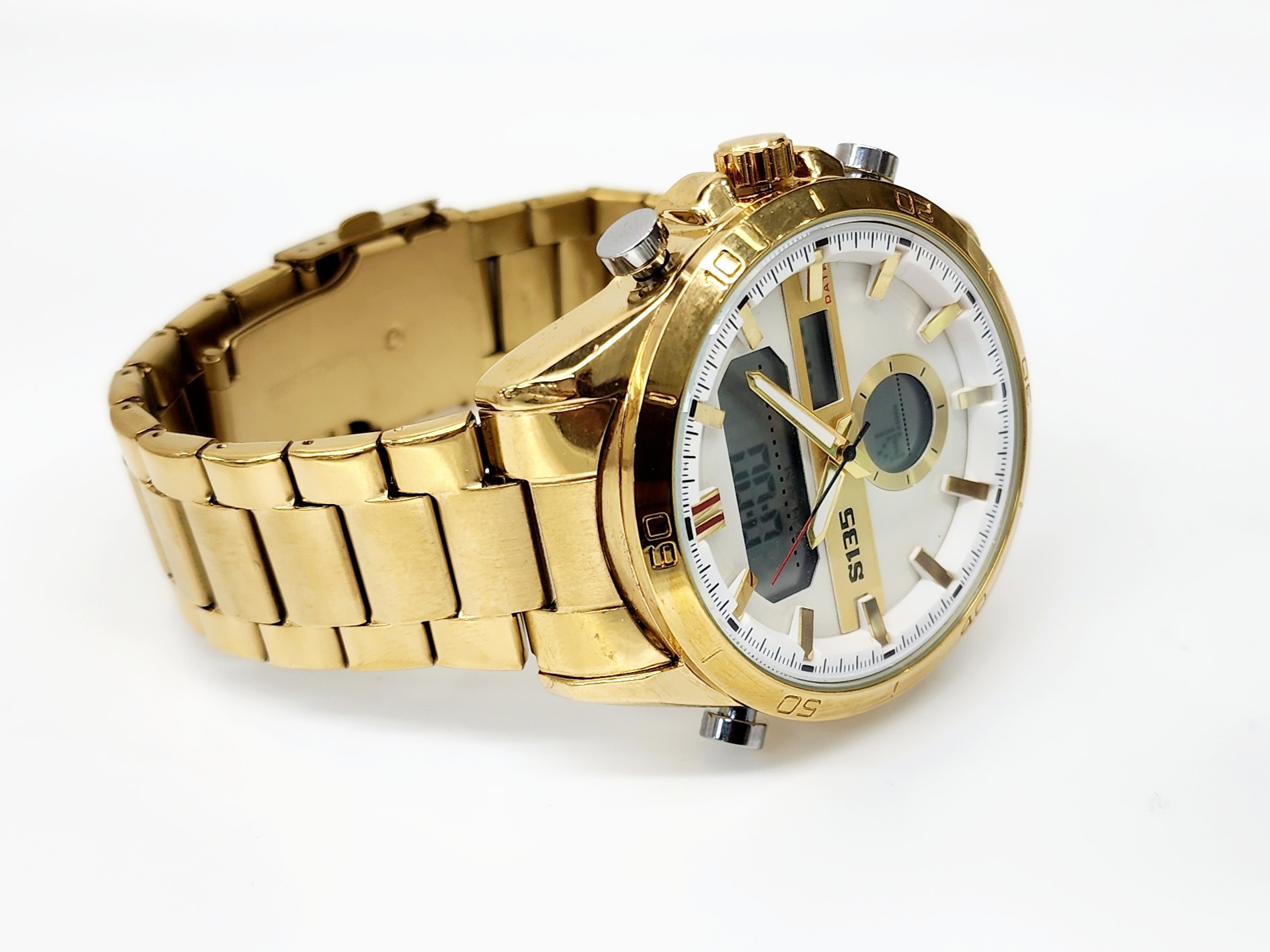 Stylish Dual Time Mens Analog/Digital Metal Strap, Multifunction LED Analog Gold Tone Band, White Dial Quartz Watch Dress Watches Stylish Dual Time Mens Analog/Digital Metal Strap, Multifunction LED Analog Gold Tone Band, White Dial Quartz Watch Dress Watches