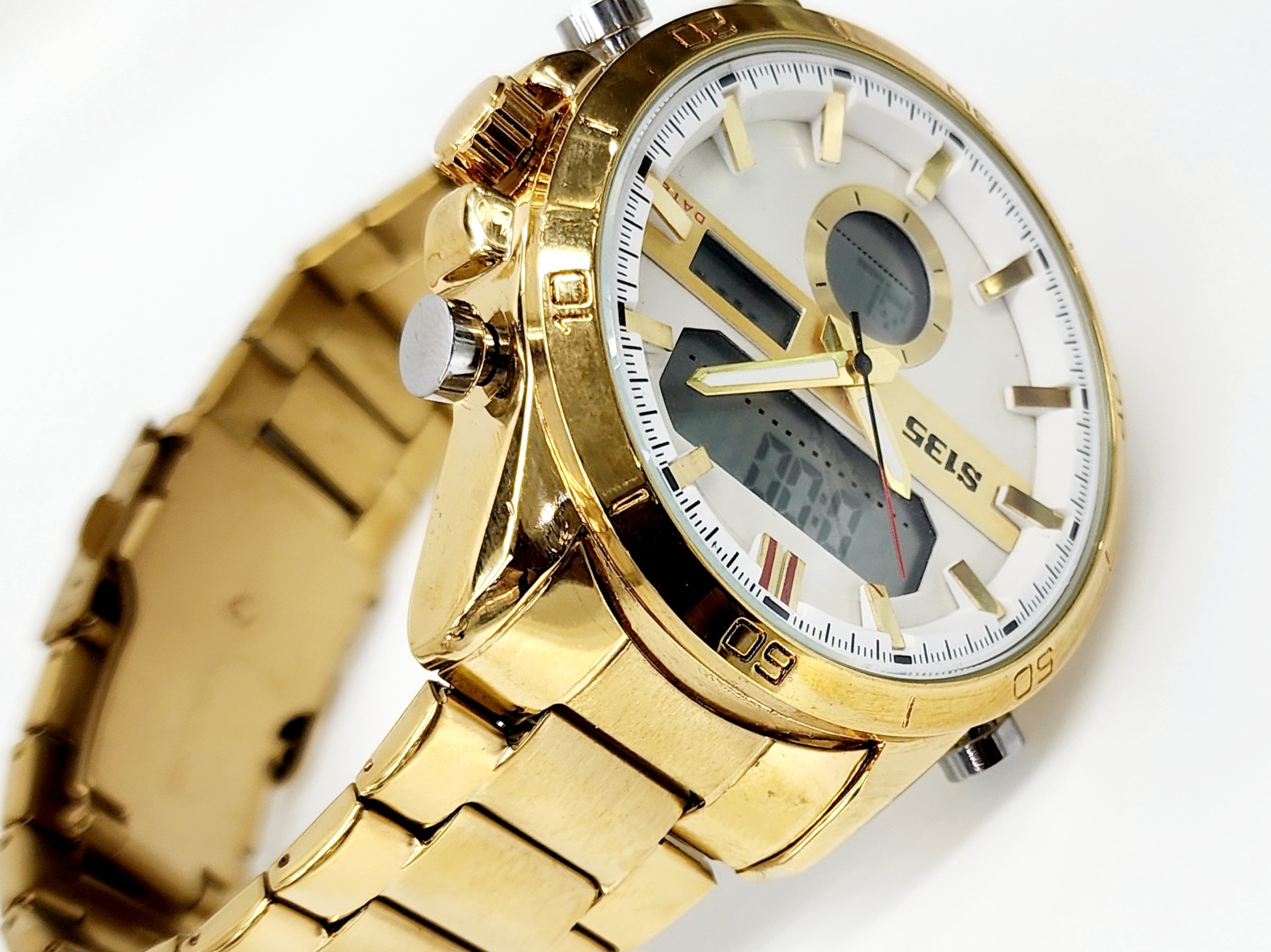 Stylish Dual Time Mens Analog/Digital Metal Strap, Multifunction LED Analog Gold Tone Band, White Dial Quartz Watch Dress Watches Stylish Dual Time Mens Analog/Digital Metal Strap, Multifunction LED Analog Gold Tone Band, White Dial Quartz Watch Dress Watches
