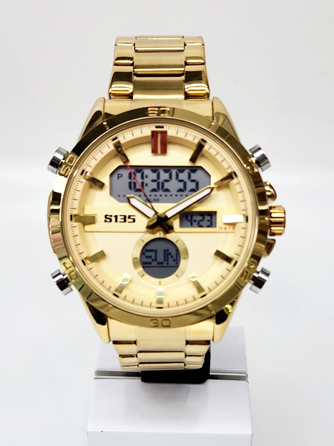 Stylish Dual Time Mens Analog/Digital Metal Strap, Multifunction LED Analog Gold Tone Band, Gold Dial Quartz Watch Dress Watches 