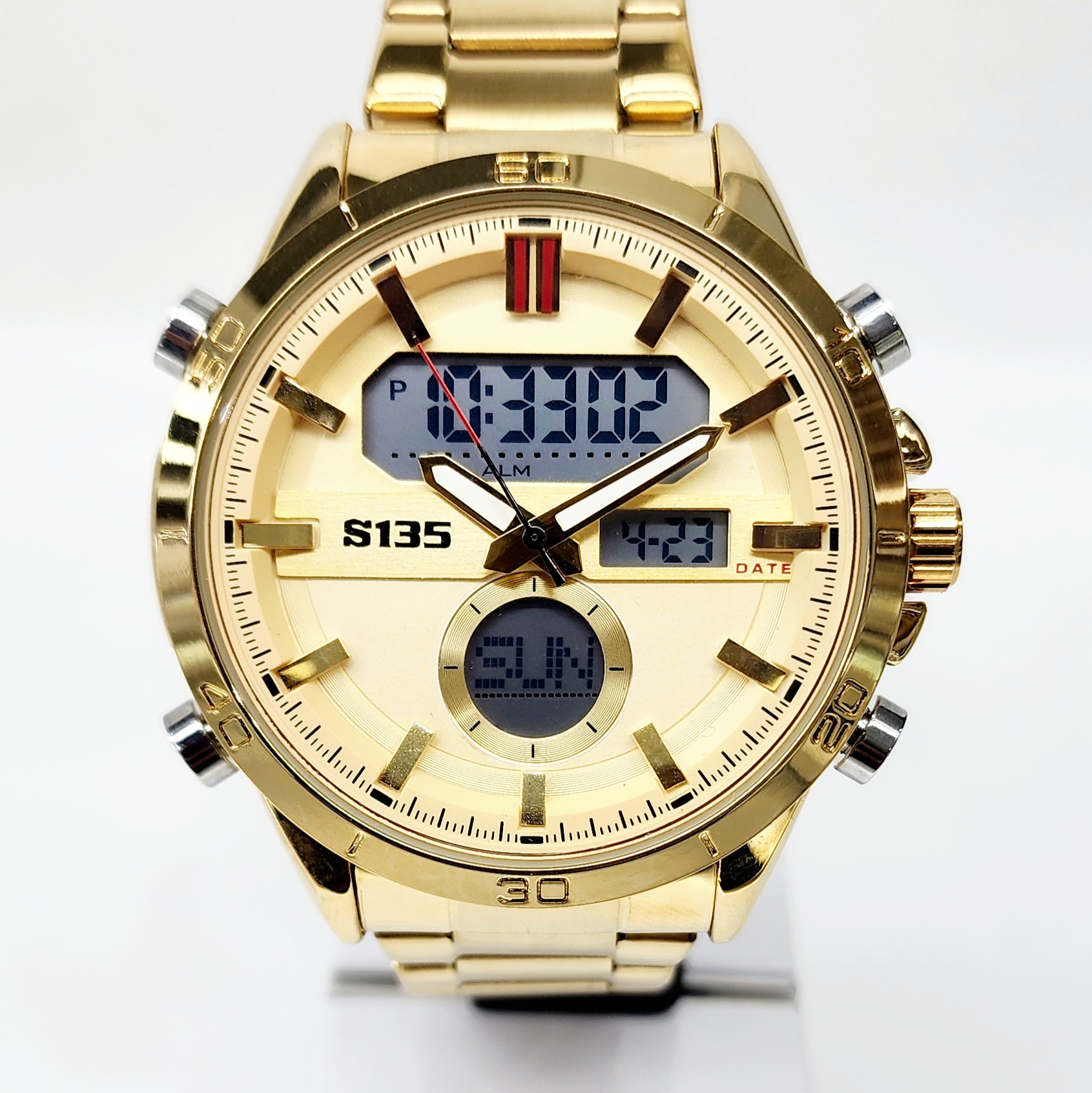 Stylish Dual Time Mens Analog/Digital Metal Strap, Multifunction LED Analog Gold Tone Band, Gold Dial Quartz Watch Dress Watches Stylish Dual Time Mens Analog/Digital Metal Strap, Multifunction LED Analog Gold Tone Band, Gold Dial Quartz Watch Dress Watches