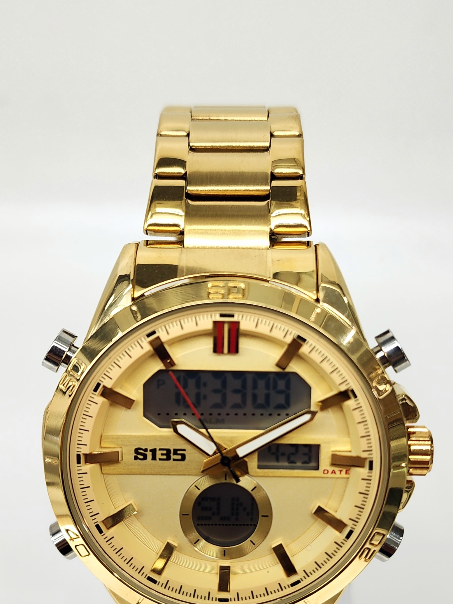 Stylish Dual Time Mens Analog/Digital Metal Strap, Multifunction LED Analog Gold Tone Band, Gold Dial Quartz Watch Dress Watches Stylish Dual Time Mens Analog/Digital Metal Strap, Multifunction LED Analog Gold Tone Band, Gold Dial Quartz Watch Dress Watches