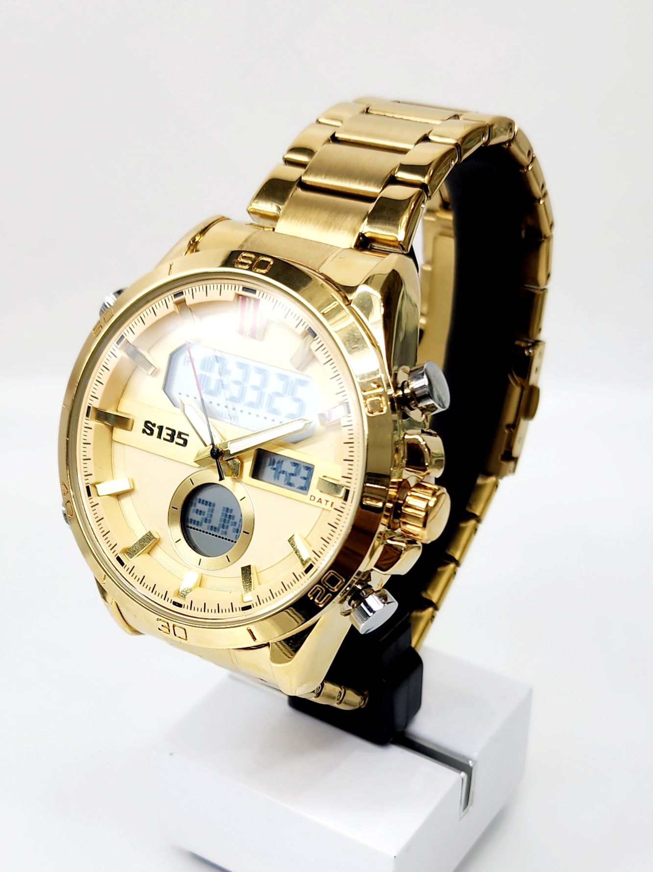 Stylish Dual Time Mens Analog/Digital Metal Strap, Multifunction LED Analog Gold Tone Band, Gold Dial Quartz Watch Dress Watches Stylish Dual Time Mens Analog/Digital Metal Strap, Multifunction LED Analog Gold Tone Band, Gold Dial Quartz Watch Dress Watches