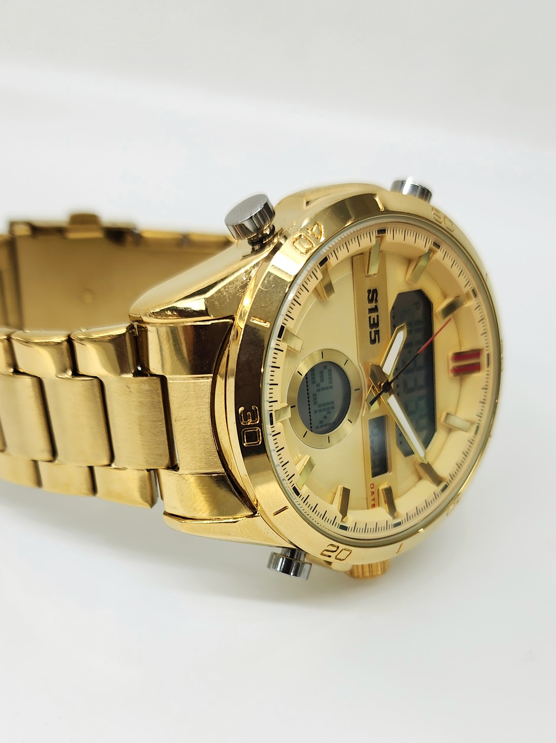 Stylish Dual Time Mens Analog/Digital Metal Strap, Multifunction LED Analog Gold Tone Band, Gold Dial Quartz Watch Dress Watches Stylish Dual Time Mens Analog/Digital Metal Strap, Multifunction LED Analog Gold Tone Band, Gold Dial Quartz Watch Dress Watches