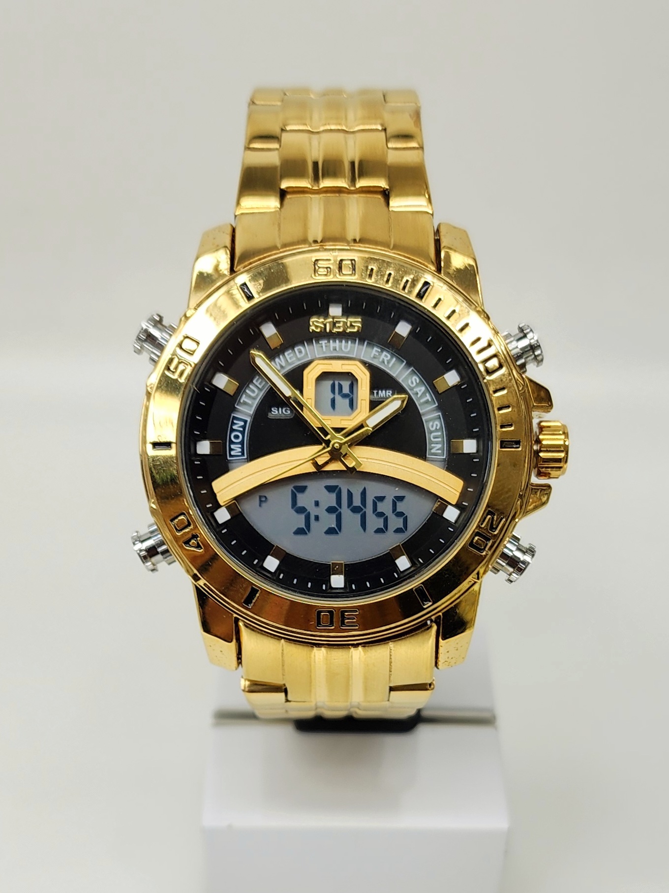 Stylish Dual Time Mens Analog/Digital Metal Strap, Multifunction LED Analog Gold Tone Band, Black Dial Quartz Watch Dress Watches 