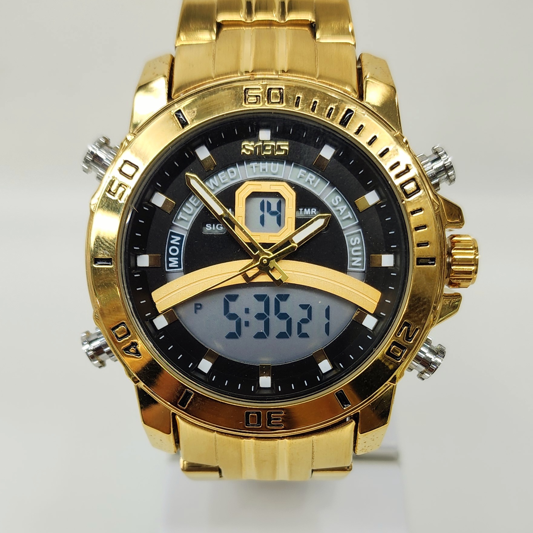 Stylish Dual Time Mens Analog/Digital Metal Strap, Multifunction LED Analog Gold Tone Band, Black Dial Quartz Watch Dress Watches Stylish Dual Time Mens Analog/Digital Metal Strap, Multifunction LED Analog Gold Tone Band, Black Dial Quartz Watch Dress Watches