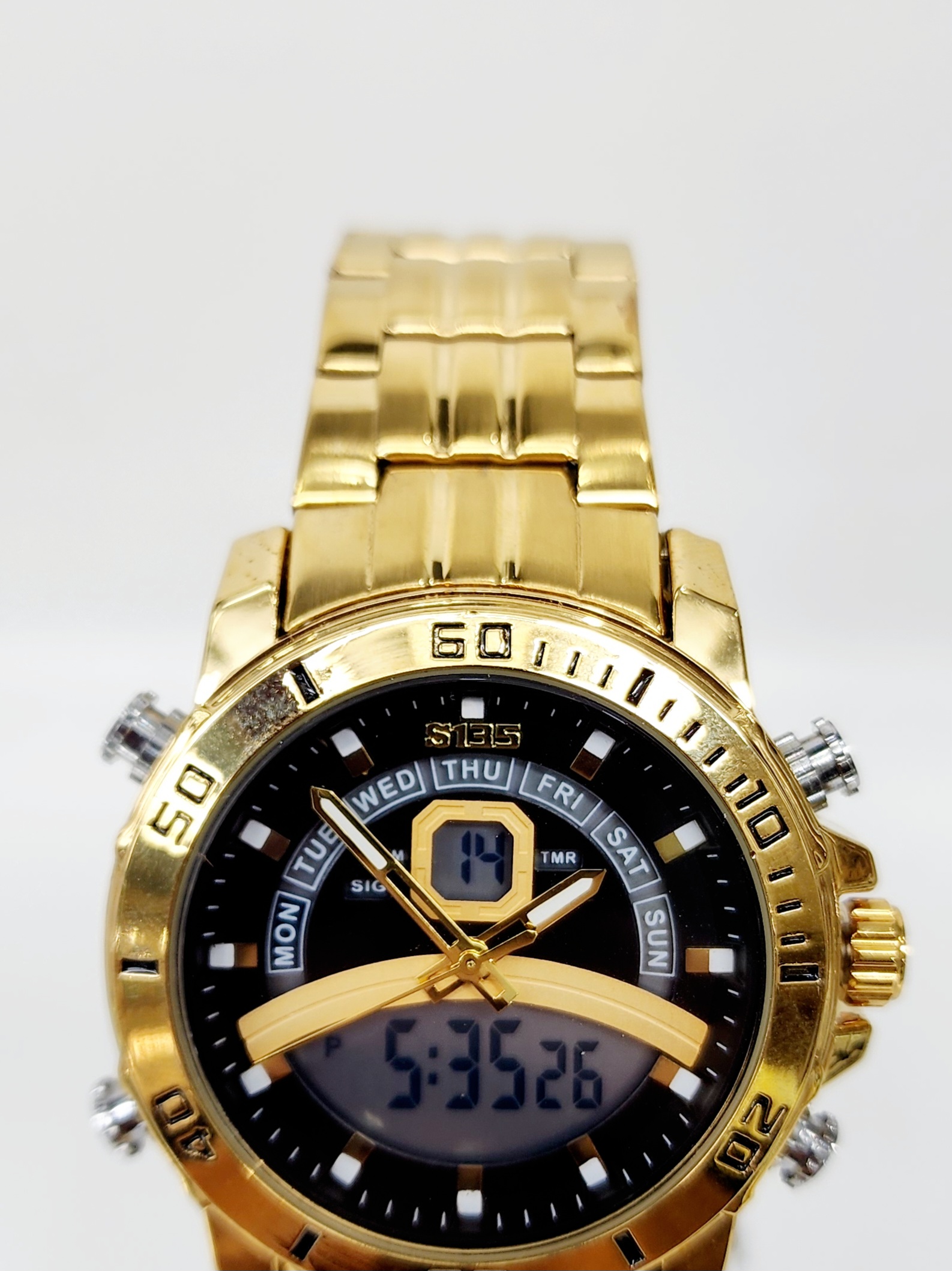 Stylish Dual Time Mens Analog/Digital Metal Strap, Multifunction LED Analog Gold Tone Band, Black Dial Quartz Watch Dress Watches Stylish Dual Time Mens Analog/Digital Metal Strap, Multifunction LED Analog Gold Tone Band, Black Dial Quartz Watch Dress Watches