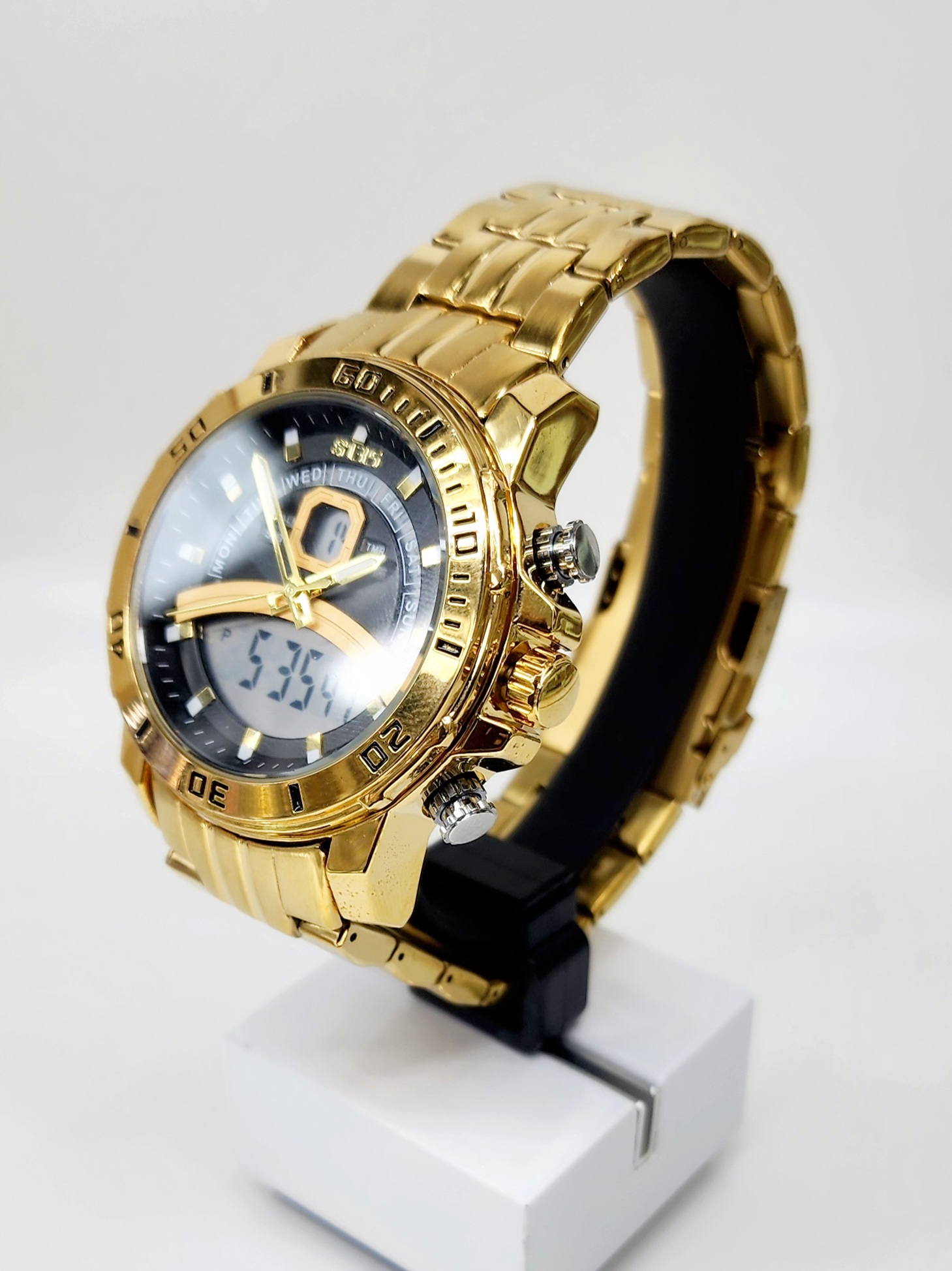 Stylish Dual Time Mens Analog/Digital Metal Strap, Multifunction LED Analog Gold Tone Band, Black Dial Quartz Watch Dress Watches Stylish Dual Time Mens Analog/Digital Metal Strap, Multifunction LED Analog Gold Tone Band, Black Dial Quartz Watch Dress Watches