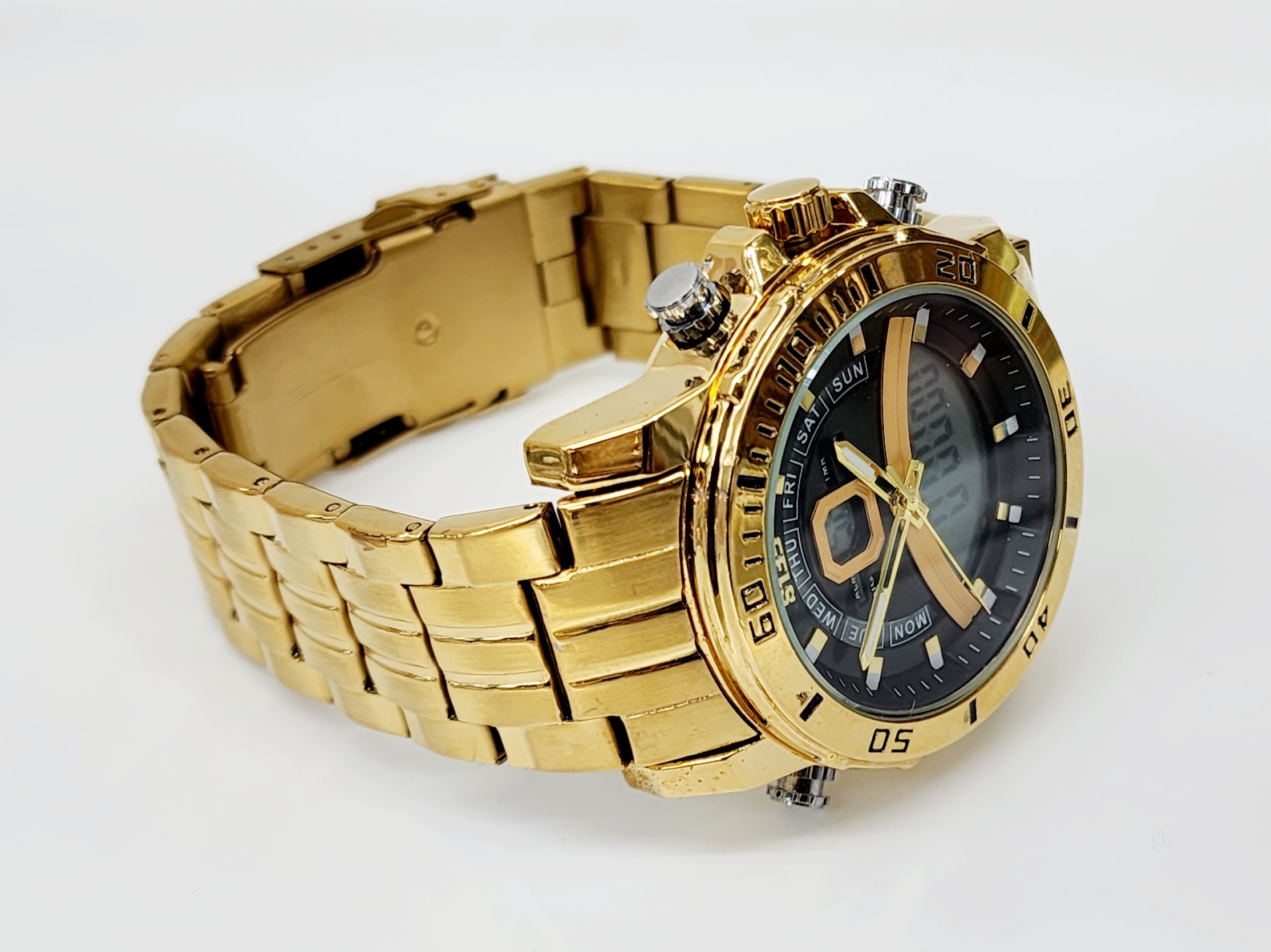 Stylish Dual Time Mens Analog/Digital Metal Strap, Multifunction LED Analog Gold Tone Band, Black Dial Quartz Watch Dress Watches Stylish Dual Time Mens Analog/Digital Metal Strap, Multifunction LED Analog Gold Tone Band, Black Dial Quartz Watch Dress Watches