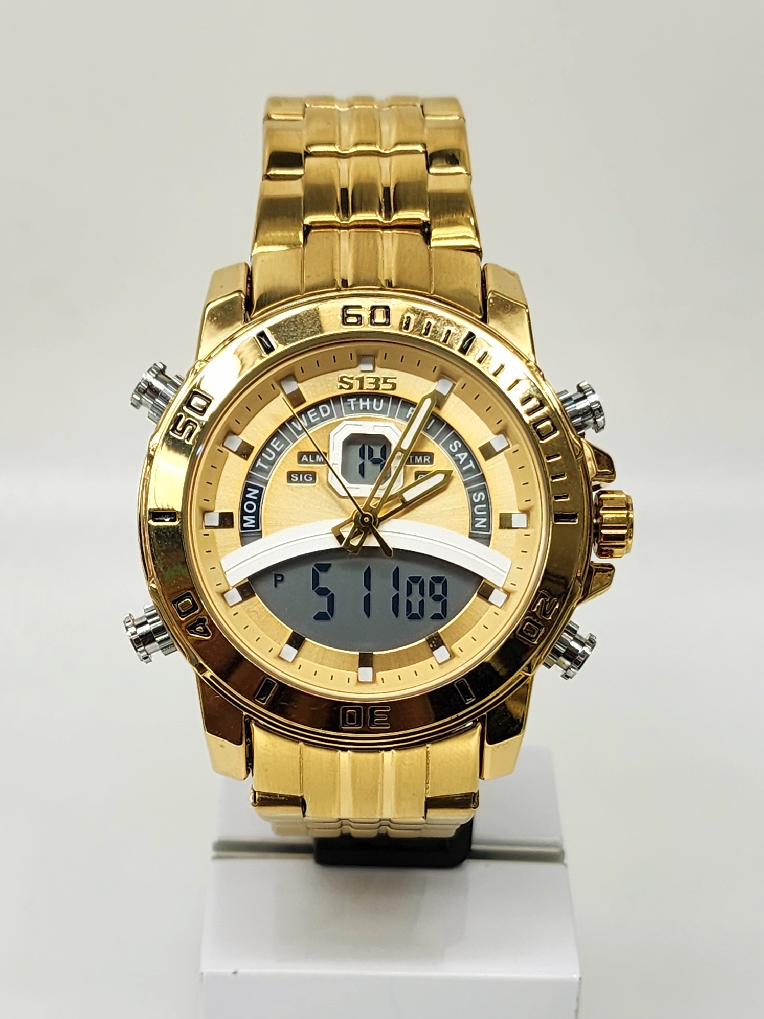 Stylish Dual Time Mens Analog/Digital Metal Strap, Multifunction LED Analog Gold Tone Band, Gold Dial Quartz Watch Dress Watches 
