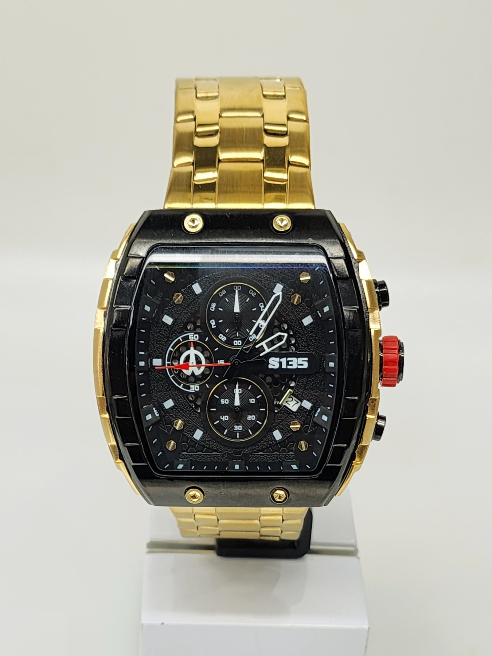 Stylish Mens Analog Metal Strap, Multifunction Analog Gold Tone Strap, Gold/Black Case, Black Dial Quartz Watch Dress Watches 