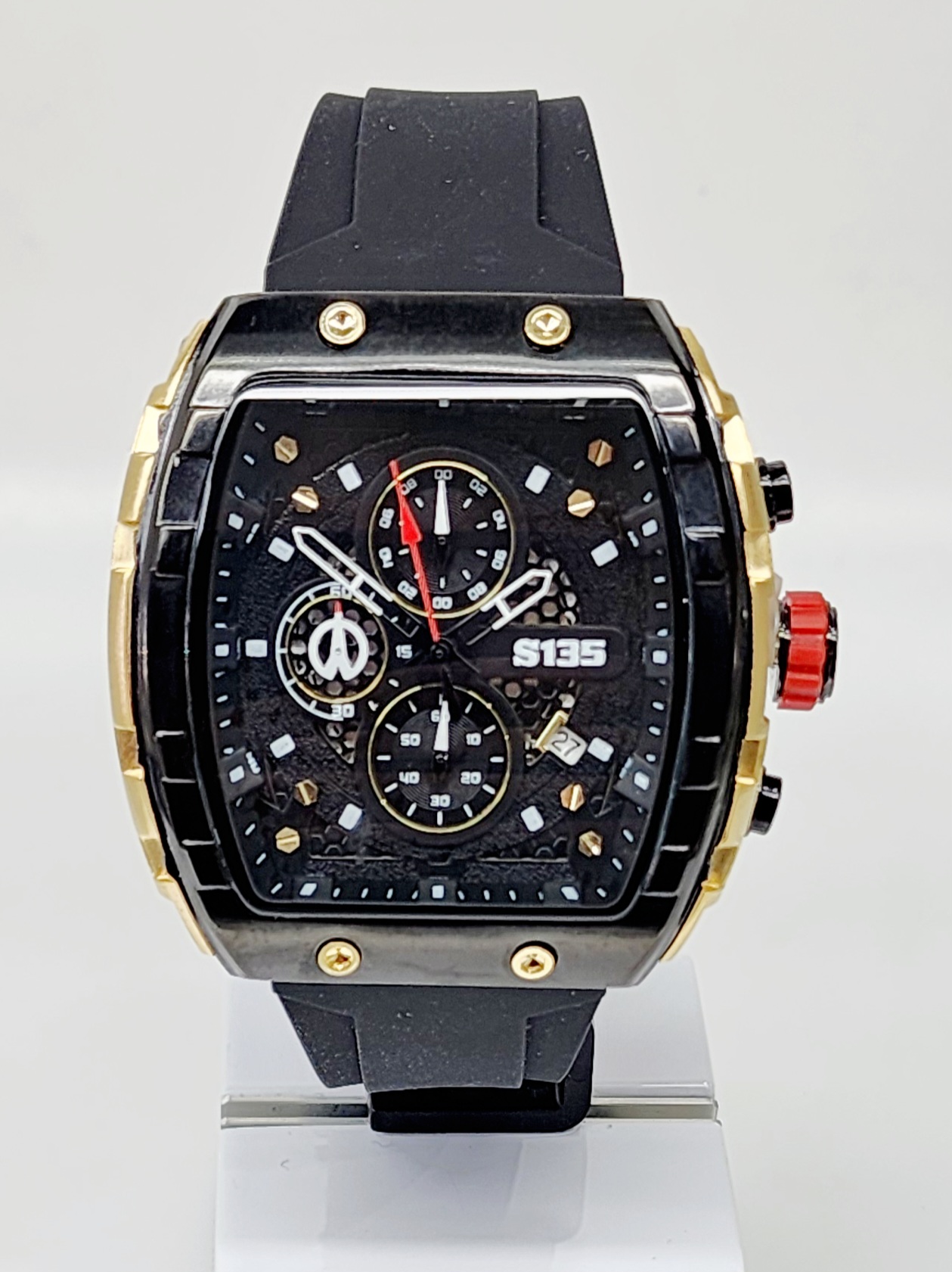 Stylish Mens Analog Rubber Strap, Multifunction Analog Black Rubber Strap, Gold/Black Case, Black Dial Quartz Watch Dress Watches 