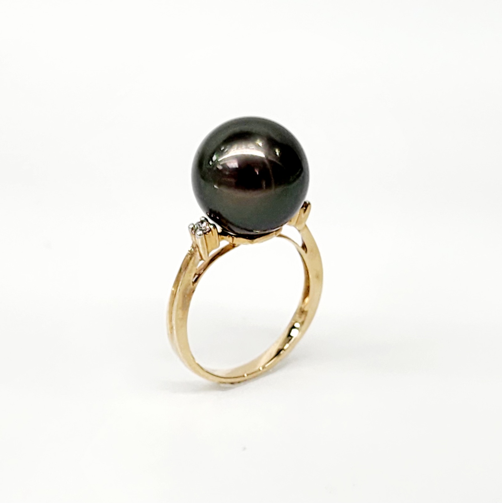 9ct Yellow Gold 13mm Tahitian Black Pearl Ring with Diamond Setting Sterling Silver Rings 