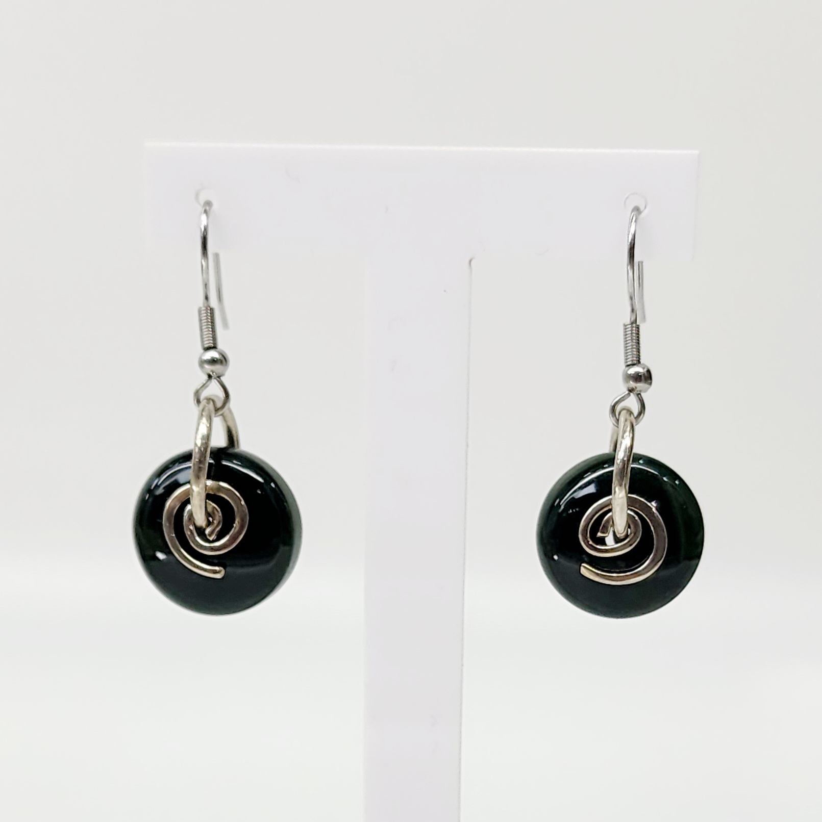 16mm Round NZ Greenstone Hook Earrings with Sterling Silver Koru Greenstone Jewellery 