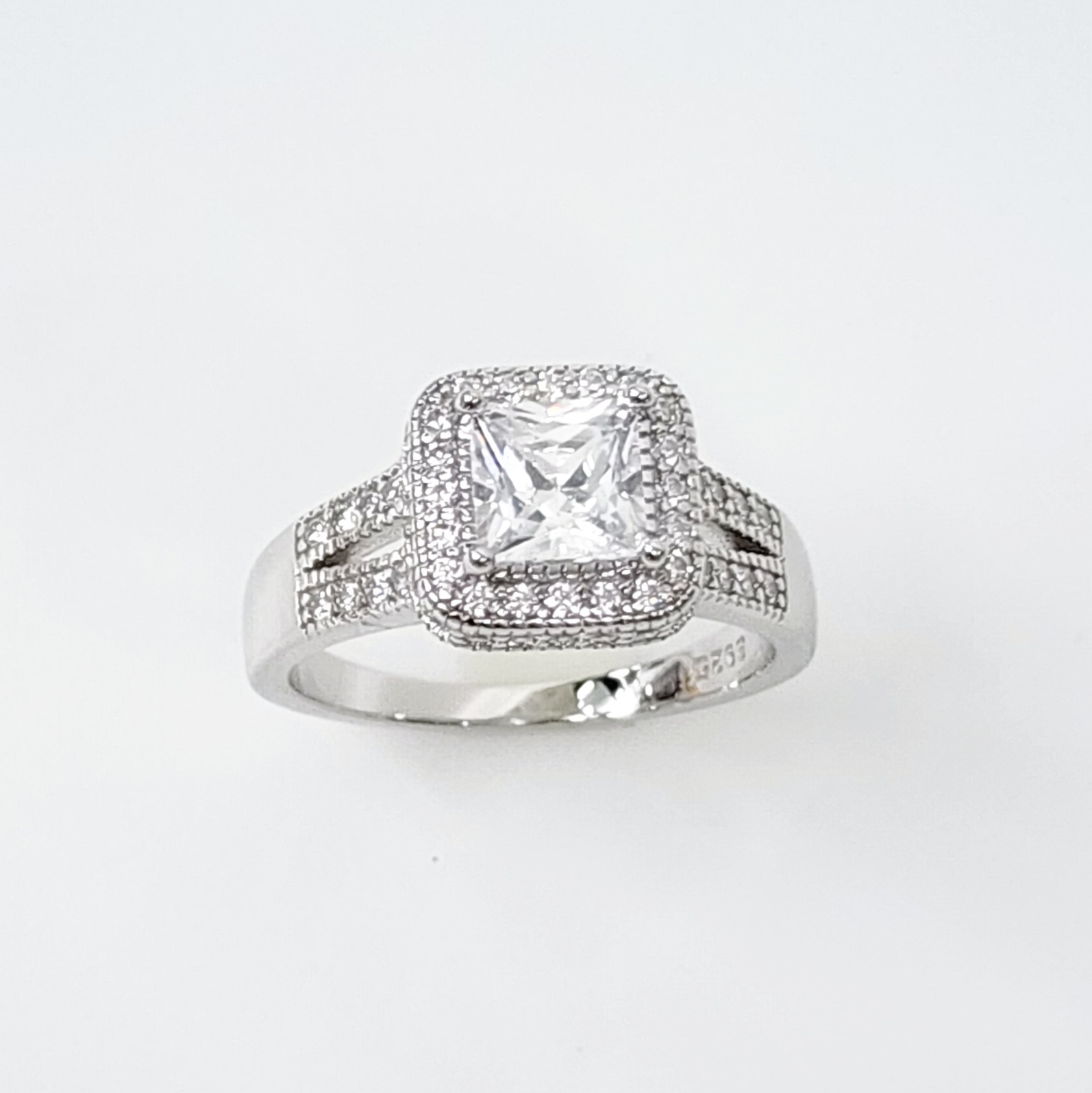 Sterling Silver Halo Princess Cut Split Shank Pave Set CZ Setting Engagement/Dress Ring Sterling Silver Rings Sterling Silver Halo Princess Cut Split Shank Pave Set CZ Setting Engagement/Dress Ring Sterling Silver Rings