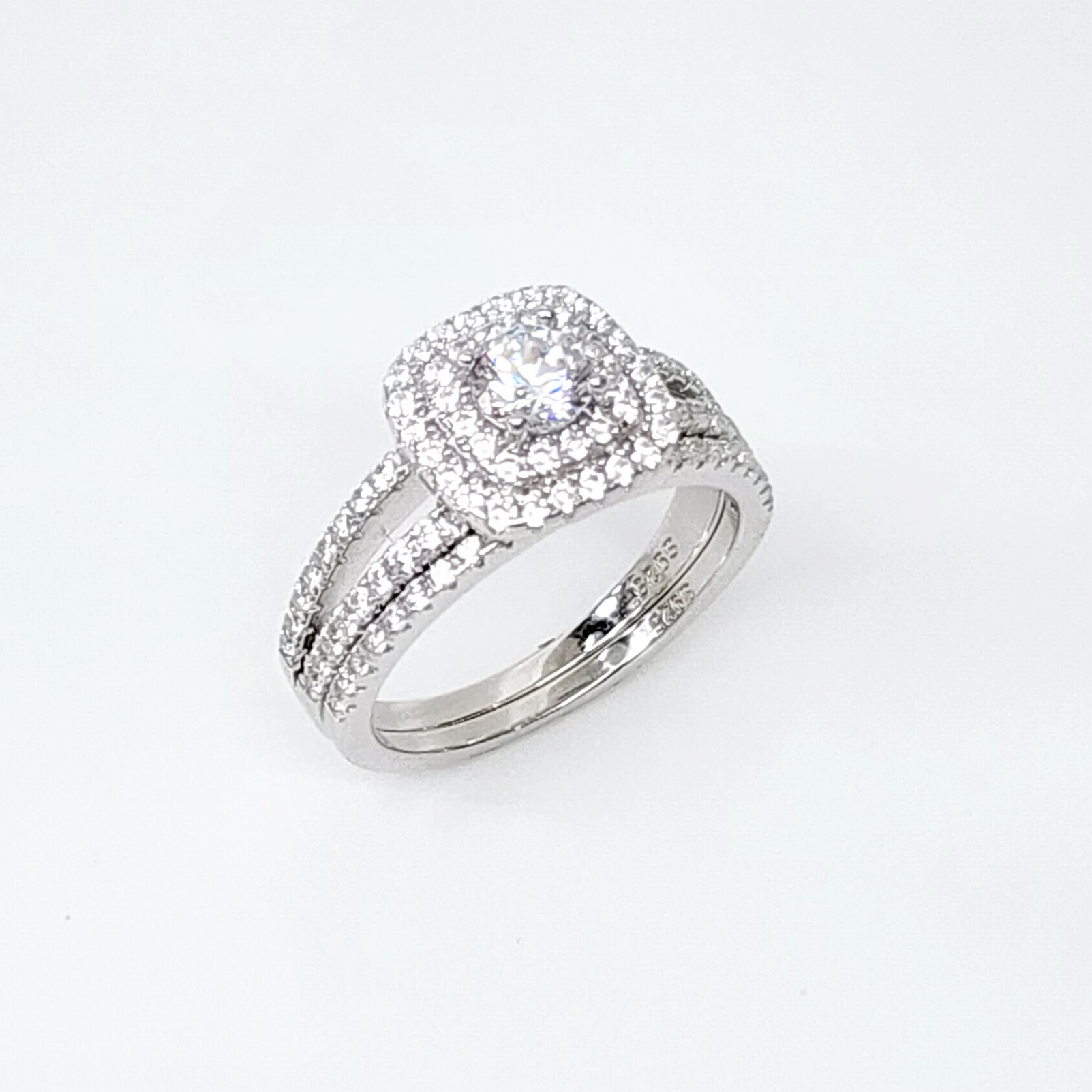 Sterling Silver Round Cut Double-Halo Engagement Ring & Matching Wedding Band with CZ Setting Sterling Silver Rings Sterling Silver Round Cut Double-Halo Engagement Ring & Matching Wedding Band with CZ Setting Sterling Silver Rings